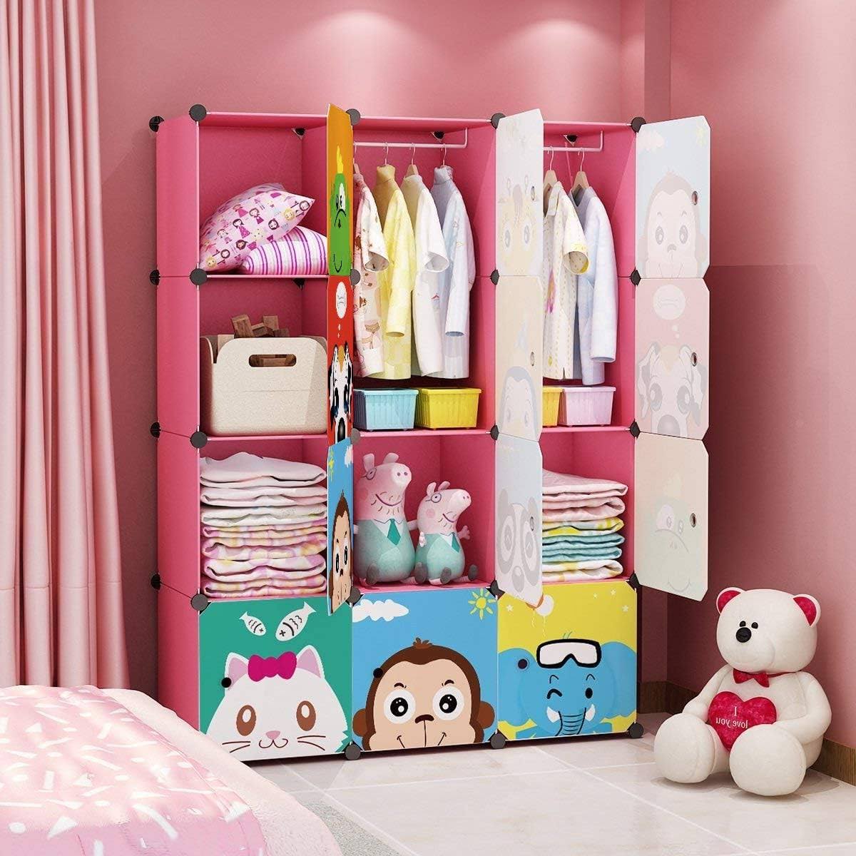 MAGINELS Children Wardrobe Kid Dresser Cute Baby Portable Closet Bedroom Armoire Clothes Hanging Storage Rack Cube Organizer,(Pink, 8 Cube   2 Rod)