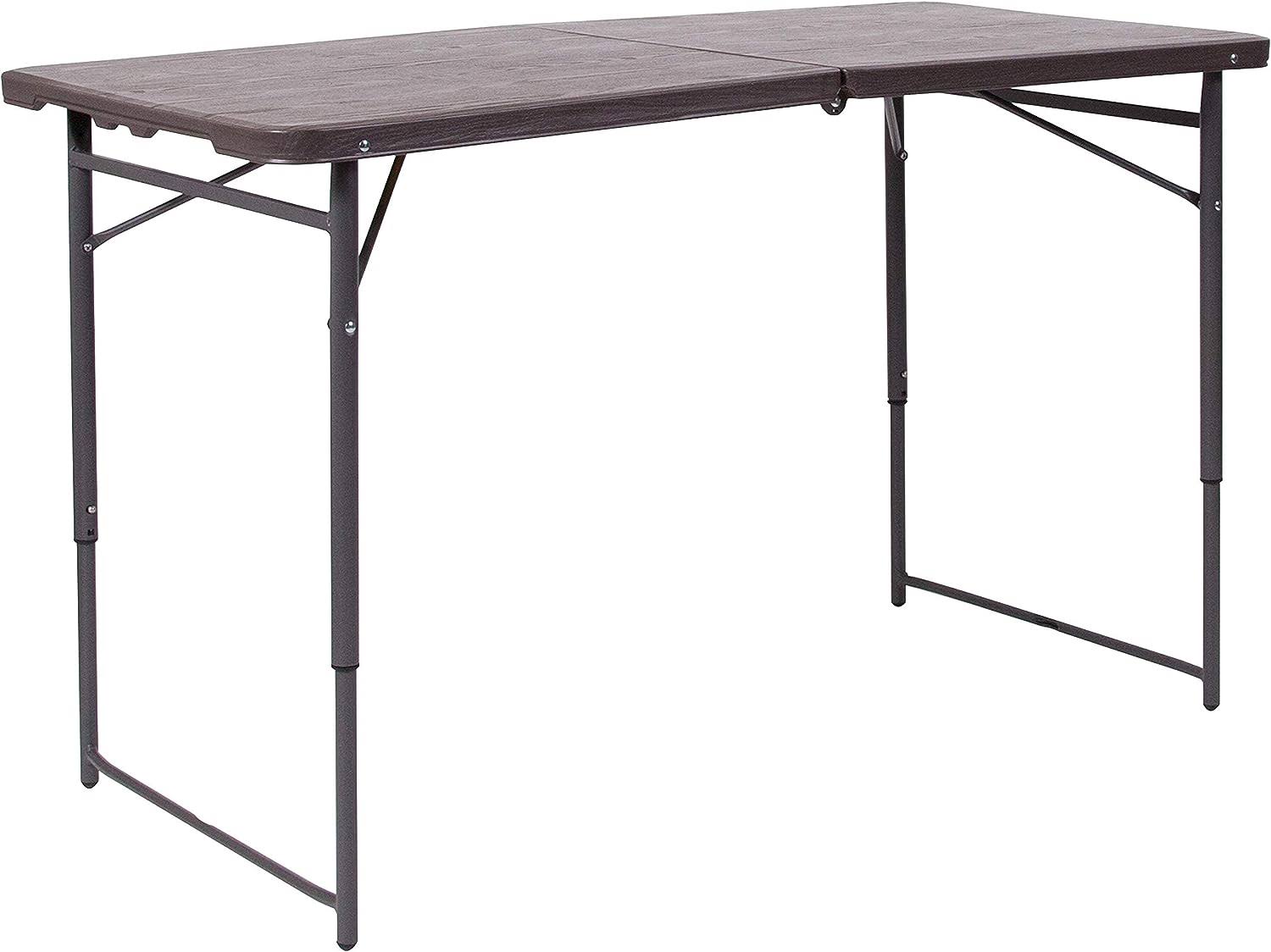 Mills 4-Foot Height Adjustable Bi-Fold Brown Wood Grain Plastic Folding Table with Carrying Handle