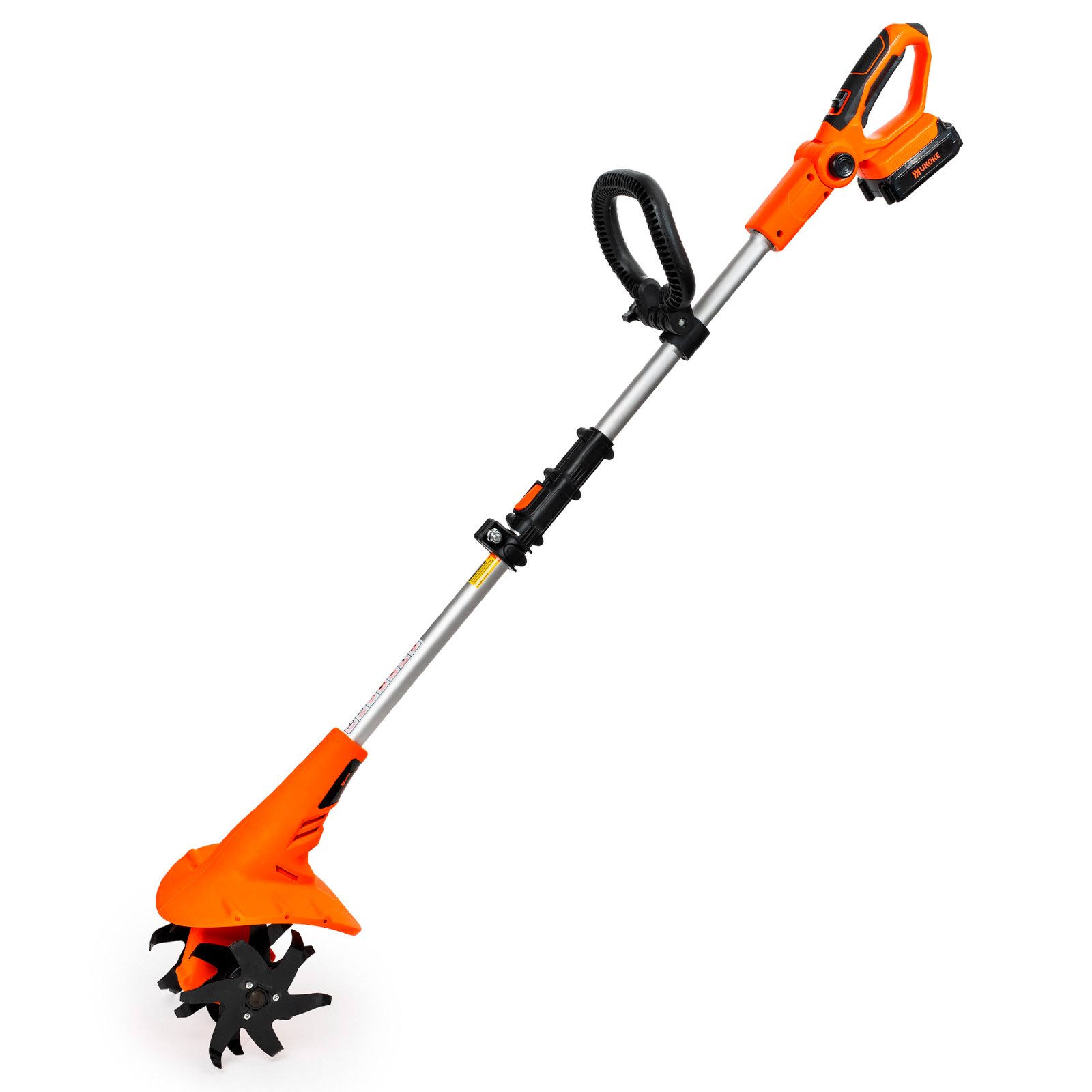 Ukoke Cordless Tiller Cultivator 20V 2.5 A Battery 280 max RPM Powered Tiller Cultivator, w/24 Steel Blade Cultivate Max Tilling 5  deep Path by 7.8  Wide