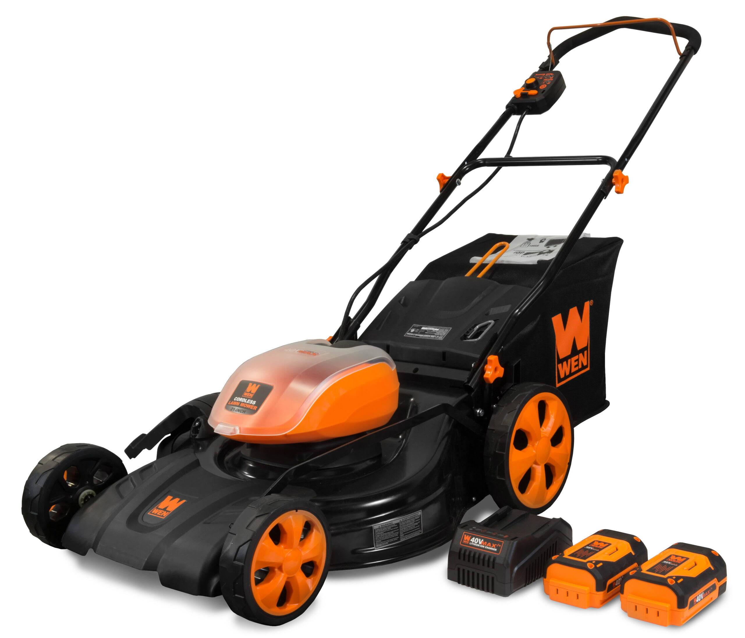 40V Max Lithium Ion 21-Inch Cordless 3-in-1 Lawn Mower with Two Batteries, 16-Gallon Bag and Charger