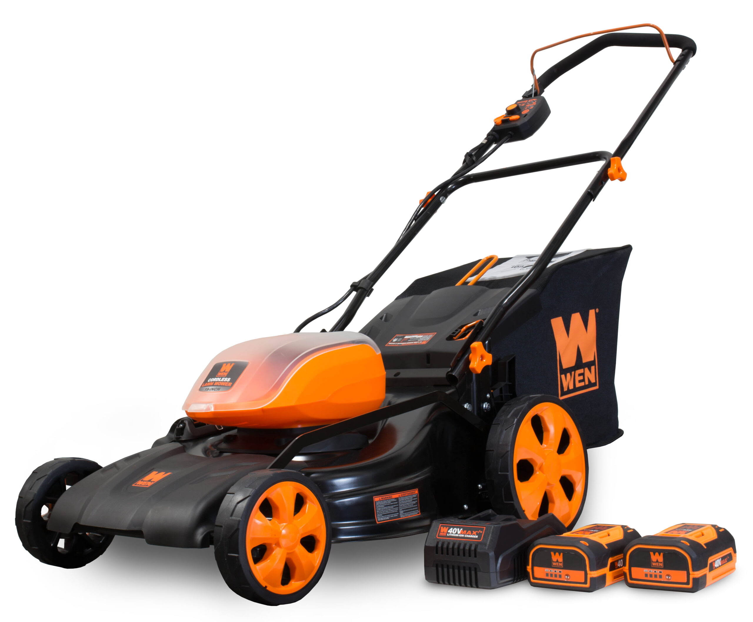 40V Max Lithium Ion 19-Inch Cordless 3-in-1 Lawn Mower with Two Batteries, 16-Gallon Bag and Charger