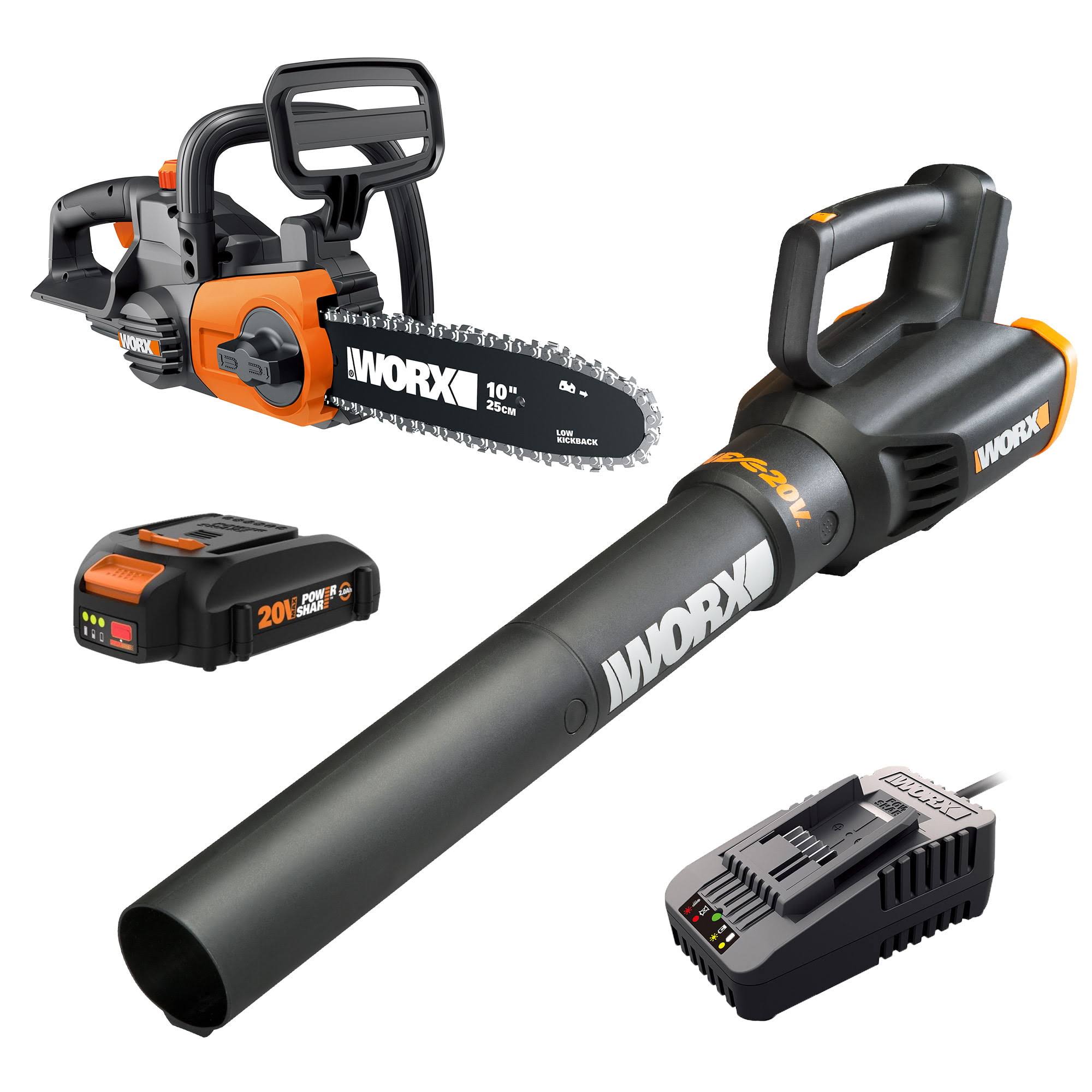 WG915 Power Share 20V 10 in. Cordless Battery Chainsaw and Leaf Blower Combo Kit (Battery   Fast Charger Included)