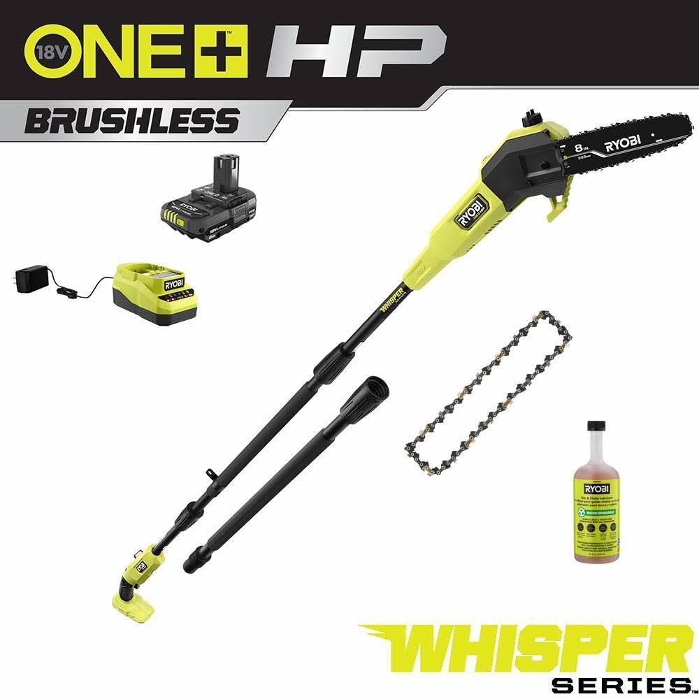 P2580-CMB1  HP 18V Brushless Whisper Series 8 in. Cordless Pole Saw with Extra Chain, Bar and Chain Oil, Battery, and Charger