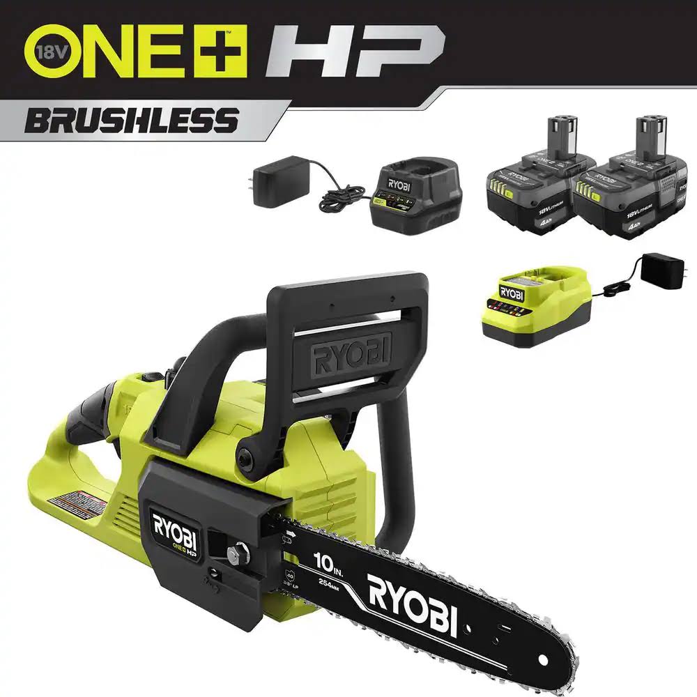 P2520-BK  HP 18V Brushless 10 in. Cordless Battery Chainsaw with (2) 4.0 Ah Batteries and (2) Chargers