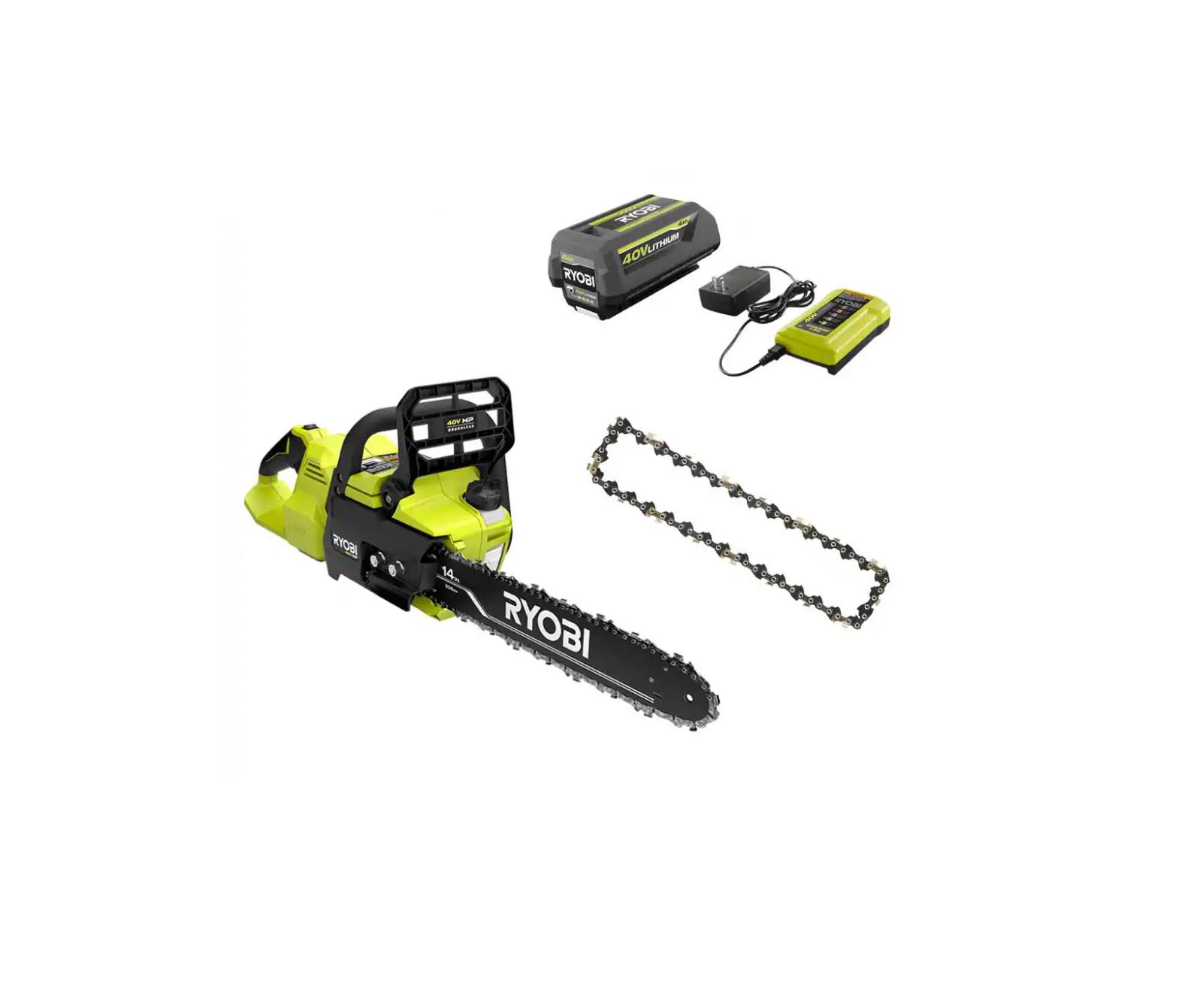RY405100-AC 40V HP Brushless 14 in. Electric Cordless Chainsaw and Extra Chain with 4.0 Ah Battery and Charger