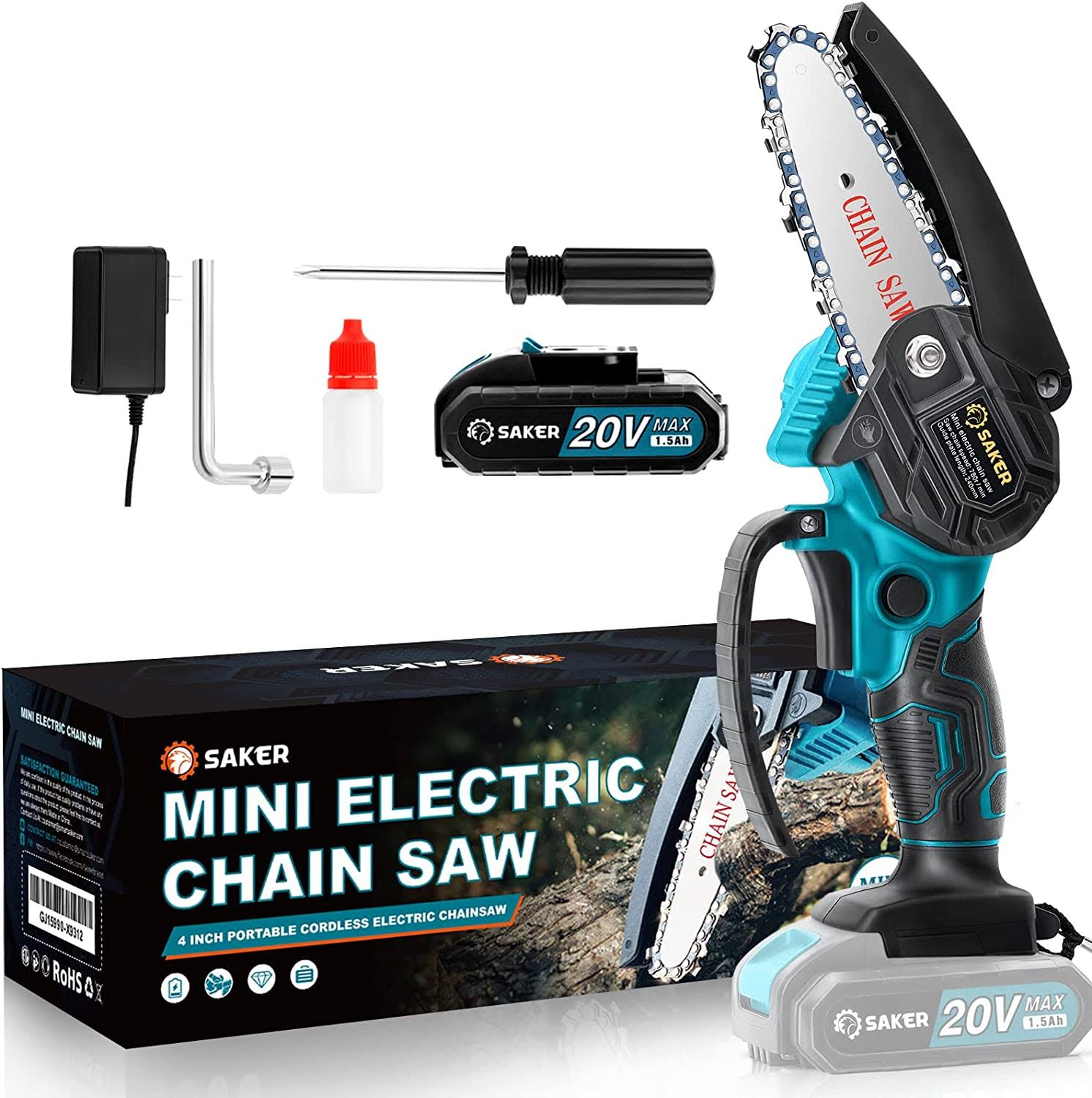 GJ15990 Mini Chainsaw,4 Inch Portable Electric Chainsaw Cordless,Handheld Chain Saw Pruning Shears Chainsaw for Tree Branches , Courtyard, Household and Garden(SAKER MINI CHAINSAW + 1 BATTERY)