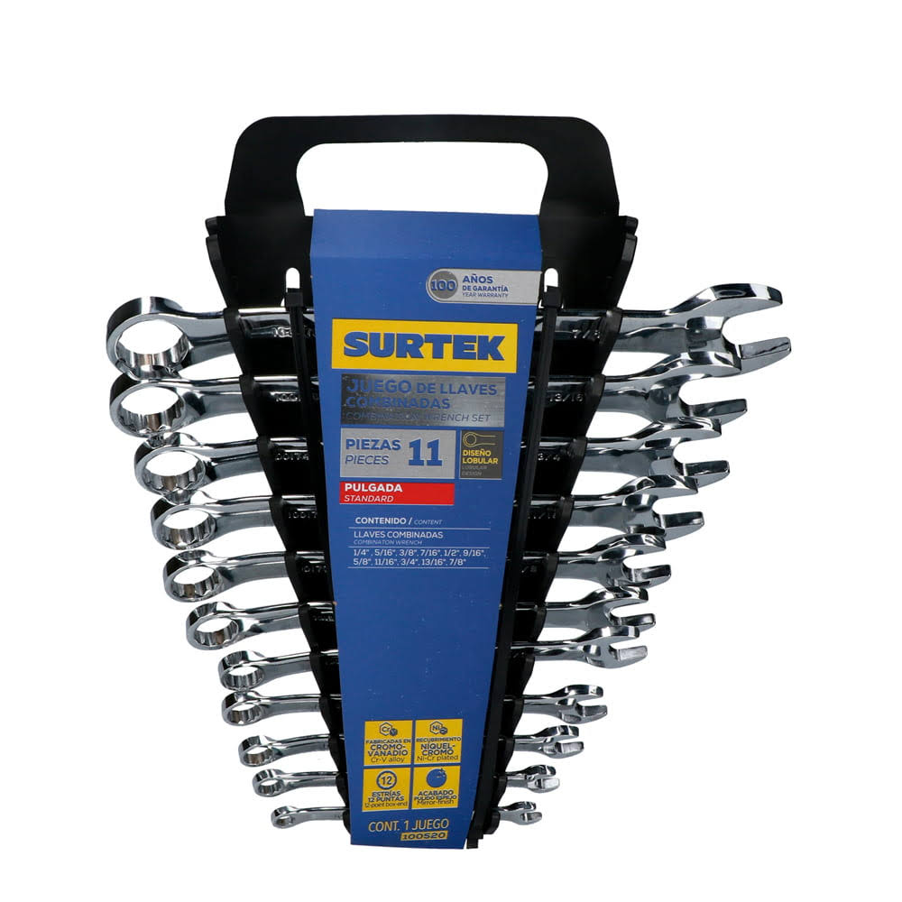 Surtek Polished Combination Wrench Set, 11 Pieces, 12 Metric Bits On Rack