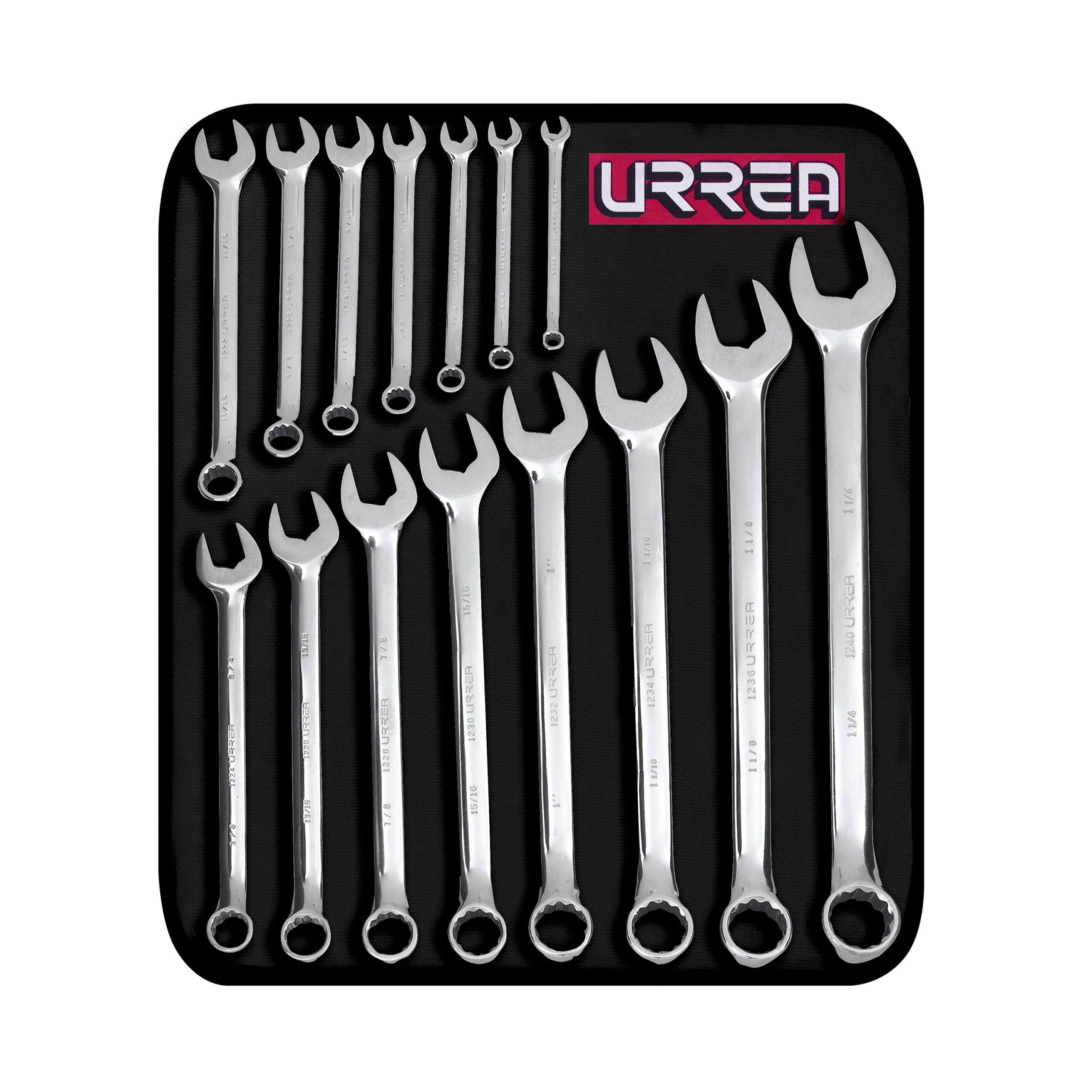 URREA SAE full polished 12 point combination wrench set, 15 pieces.