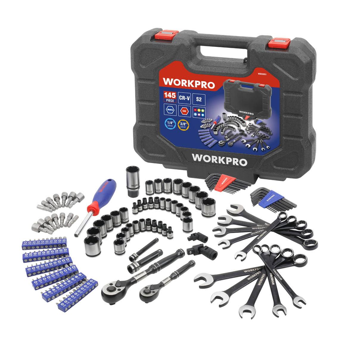 WORKPRO 145-Piece Mechanic s Tool Set, Two-Tone Black Chrome, Model W003051