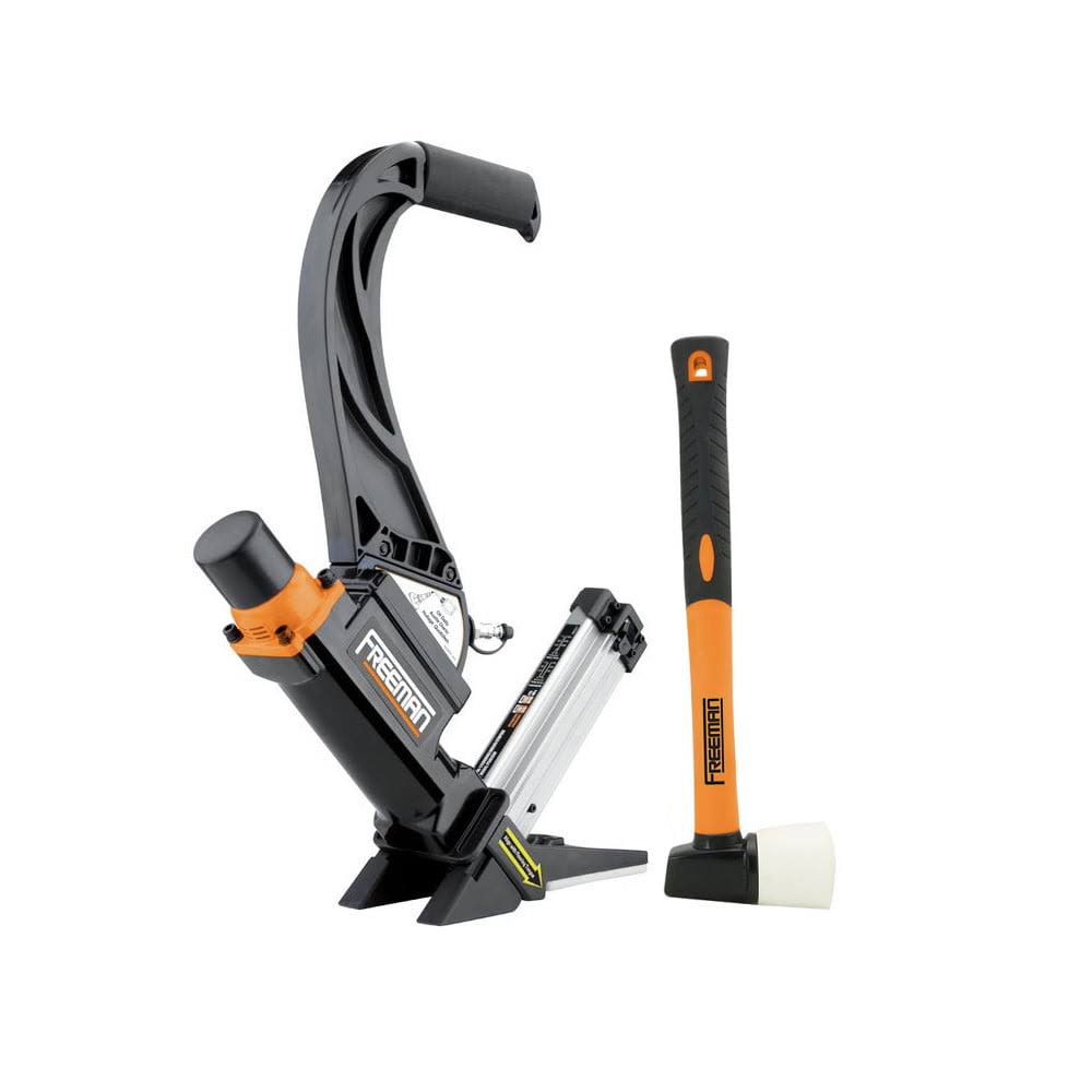 P50LSLW Lightweight Pneumatic 2-in-1 15.5-Gauge and 16-Gauge 2  Flooring Nailer / Stapler with Flooring Mallet and Interchangeable Base Plates