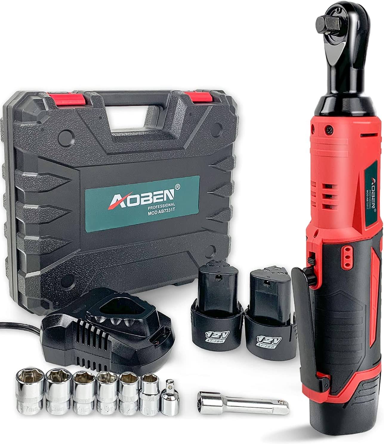 AOBEN Cordless Electric Ratchet Wrench Set, 3/8  12V Power Ratchet Tool Kit With 2 Packs 2000mAh Lithium-Ion Battery And Charger