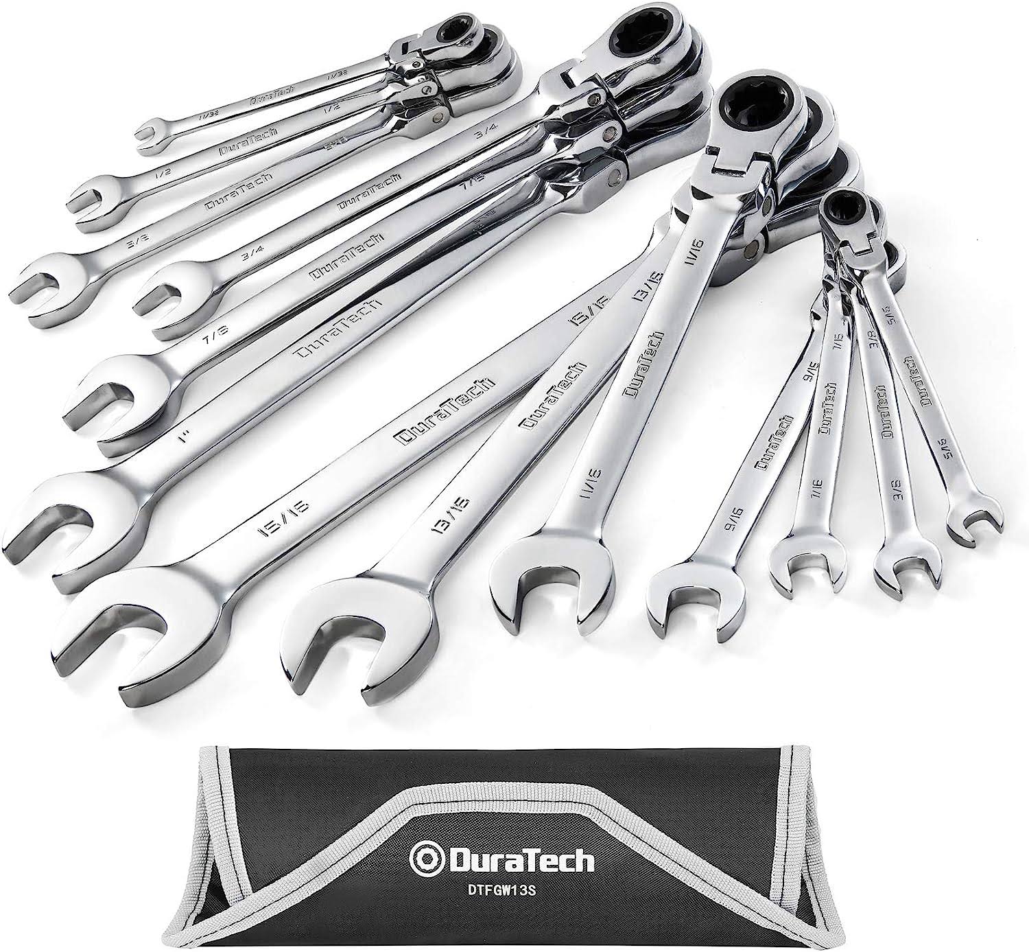 DURATECH Flex-Head Ratcheting Combination Wrench Set, SAE, 13-piece, 5/16  to 1 , CR-V Steel, with Rolling Pouch