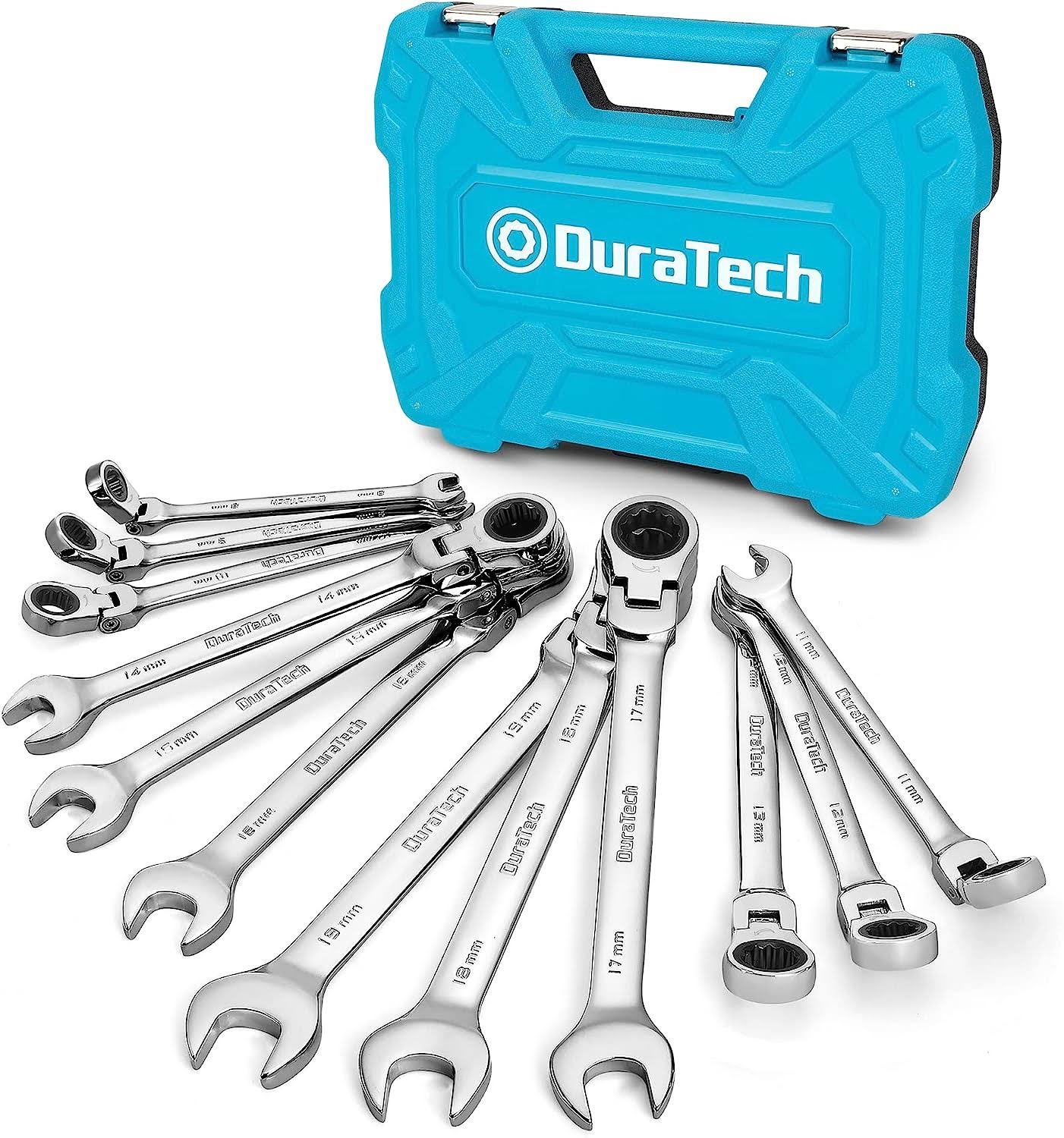 DURATECH 12-Piece Flex-Head Ratcheting Combination Wrench Set, 72-Tooth, Metric, 8-19mm, Cr-v Steel, Organized in Storage Case