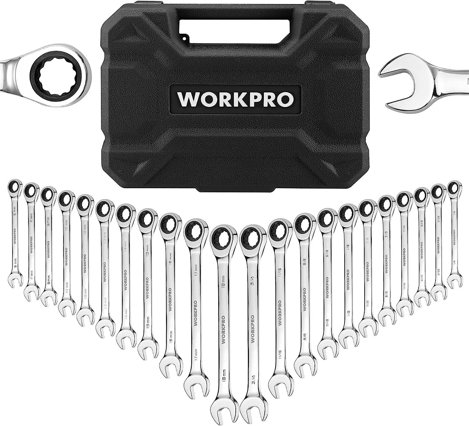 WORKPRO 22-Piece Ratcheting Combination Wrench Set, 72 Teeth, Combo Ratchet Wrenches Set with Organizer Box, Metric 6-18mm   SAE 1/4-3/4