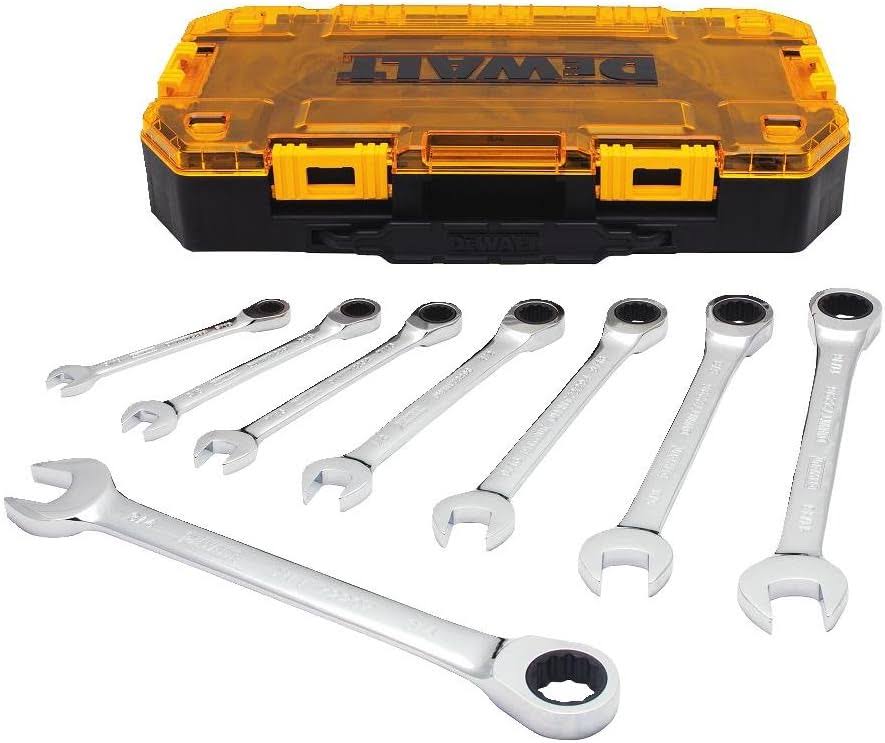 Wrench Set, Combination Ratchet Wrench SAE, Direct Torque Technology, Lockable Case Included, 8 Piece (DWMT74733)