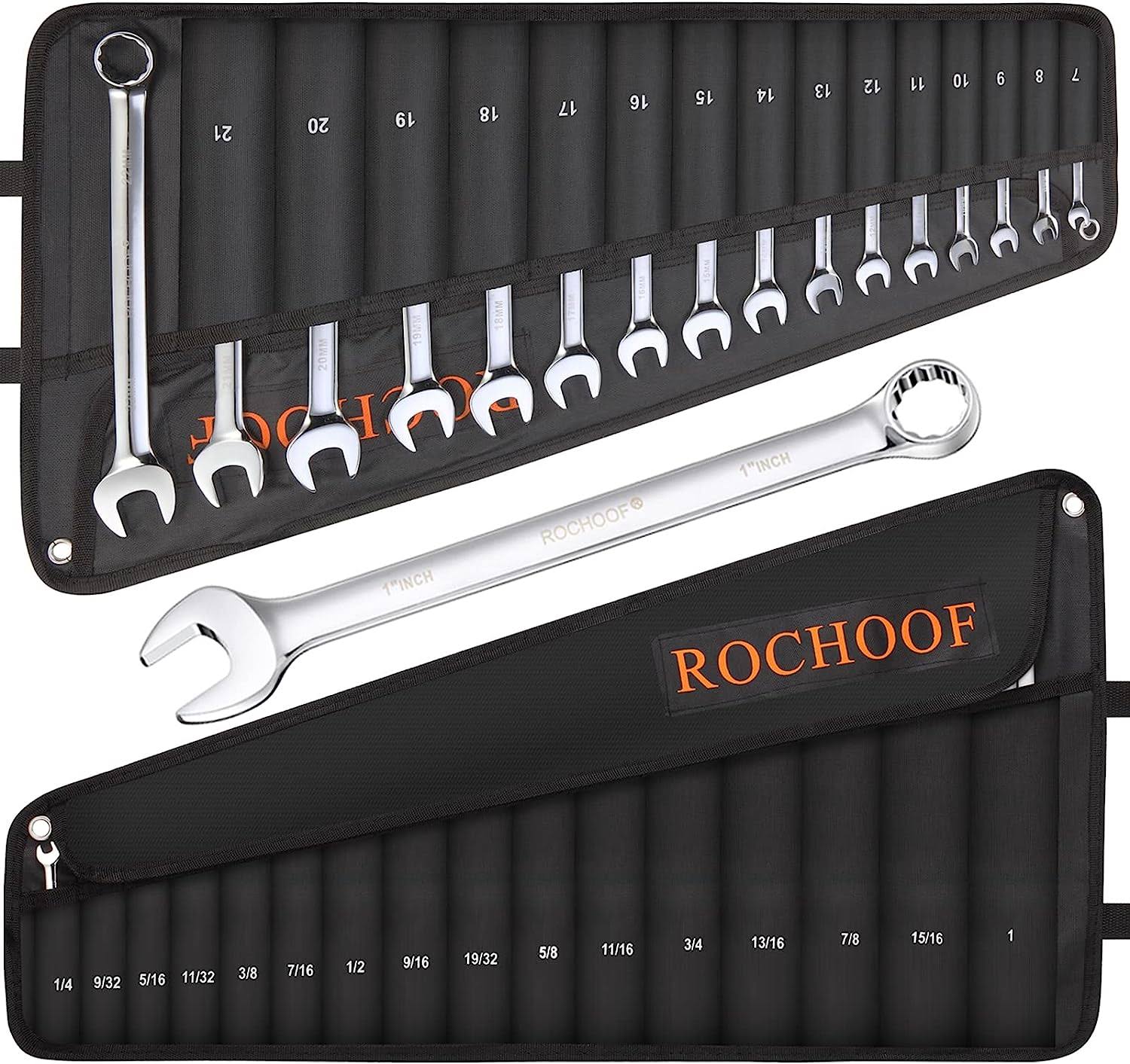 ROCHOOF Combination Wrench Set,32-Piece Chrome Vanadium Steel Wrench Set 12-Point SAE   Metric Wrenches 1/4 -1  and 7-22mm with Rolling Pouch