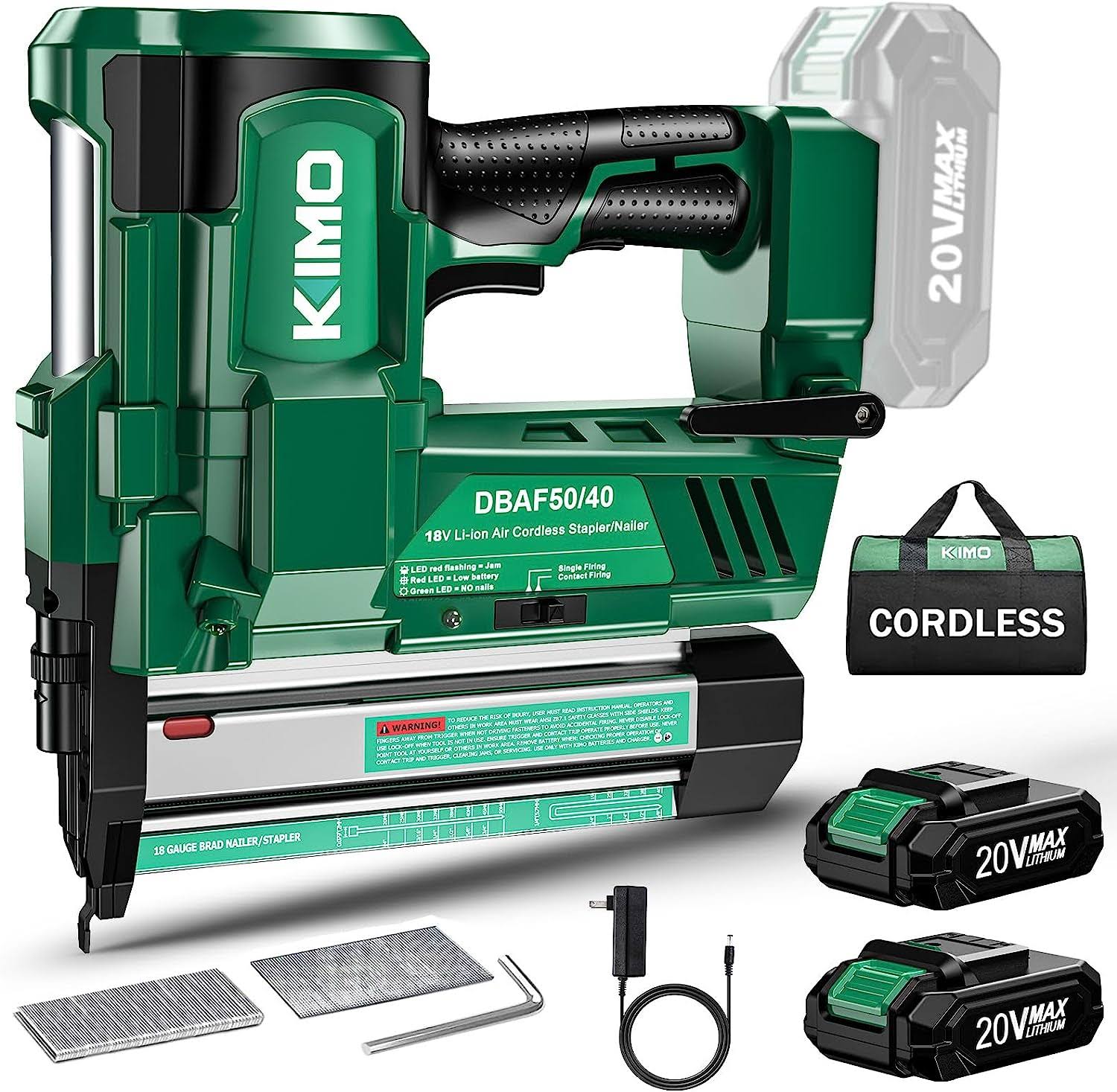 KIMO 18 Gauge Nail Gun Battery Powered w/ 2 X 2.0 Battery   Charger, 2 in 1 Cordless Brad Nailer/Electric Stapler, Adjustable Depth, 18GA Nailer/Staples for Upholstery, Home Improvement   Woodworking