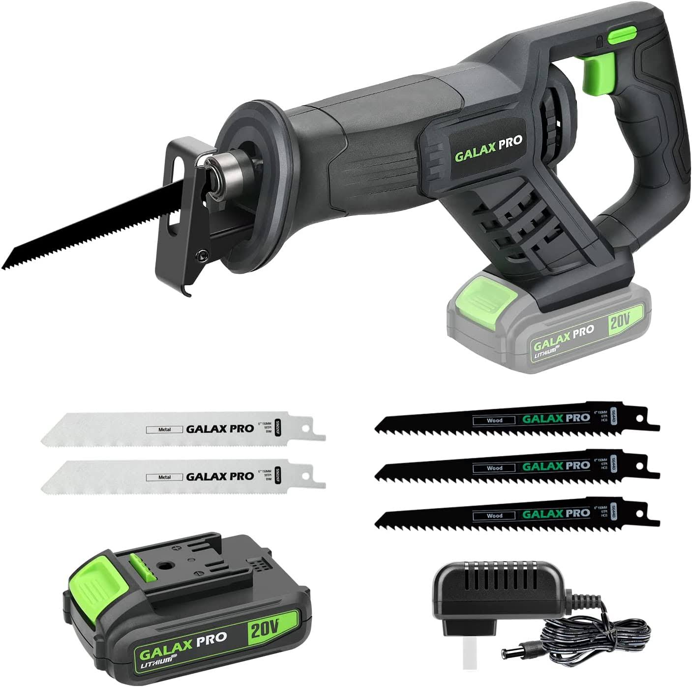 GALAX PRO Reciprocating Saw, Cordless Reciprocating Saw with battery, 20V 2.0Ah Cordless Saw, 3pcs 6-inch Wood Saw Blade   2pcs 6-inch Metal Saw Blade