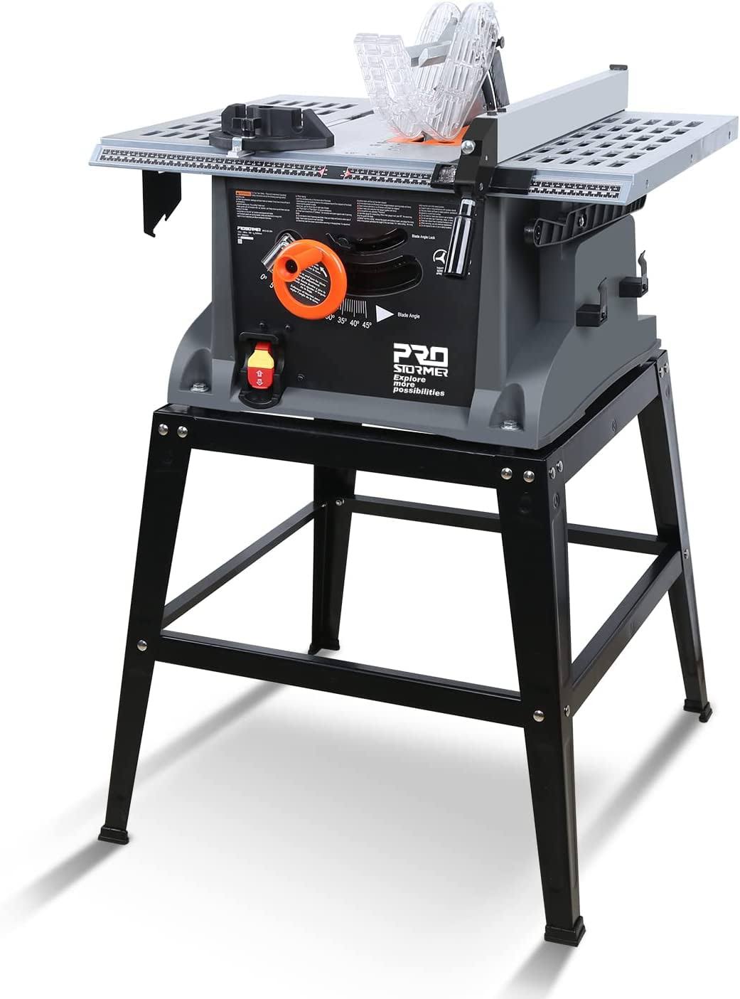 PROSTORMER Table Saw, 10 Inch 15A Multifunctional Saw with Stand 45 -90 Blade Angle and about 5000RPM No-Load Speed