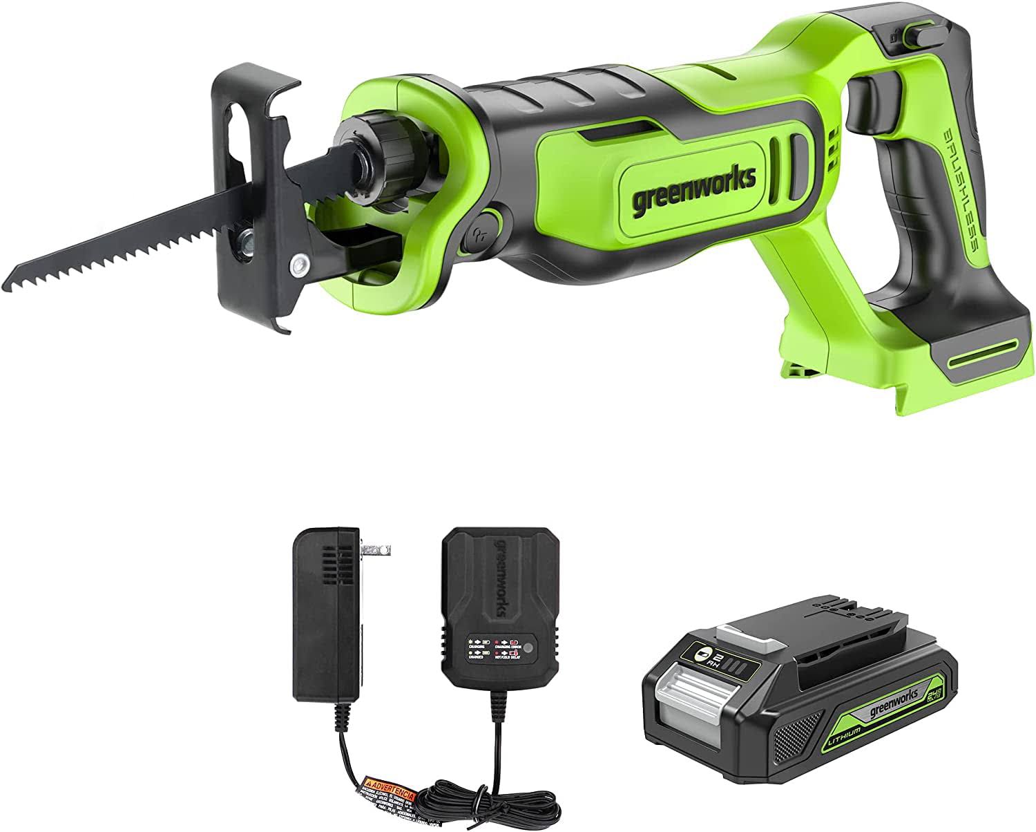 24V Brushless 1  Reciprocating Saw Kit, Cordless Powered Variable Speed Saw, 2 Ah Battery and Charger