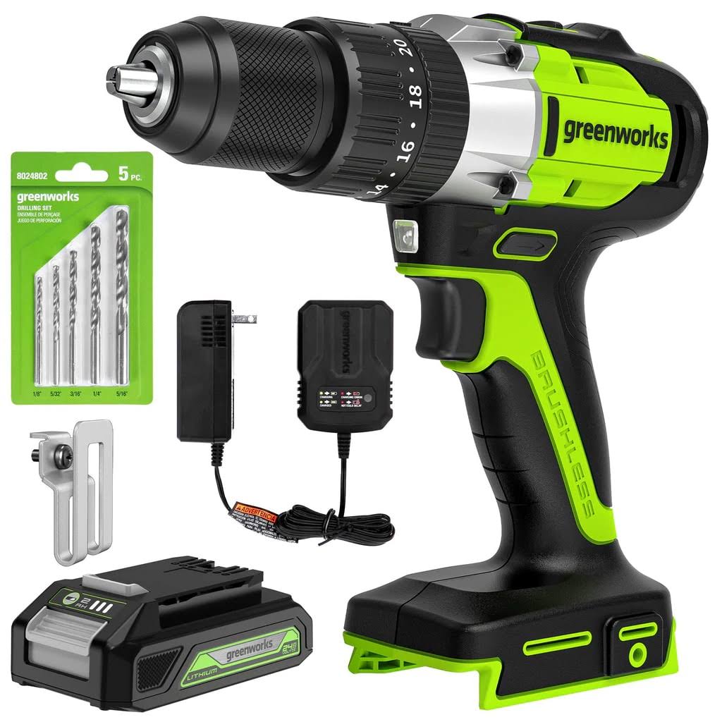 24V Brushless Cordless Hammer Drill with Battery   Charger, 530 in-lbs Torque, 1/2” Keyless Chuck, Variable Speed Control, Bonus 5 Piece Bit Set