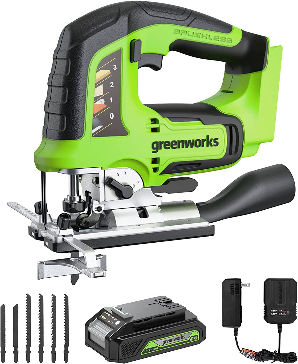 24V Brushless Jig Saw 3,000 SPM 6 Piece Blade Set (4 Wood Blades / 2 Metal) with 2Ah Battery   Adaptor Charger