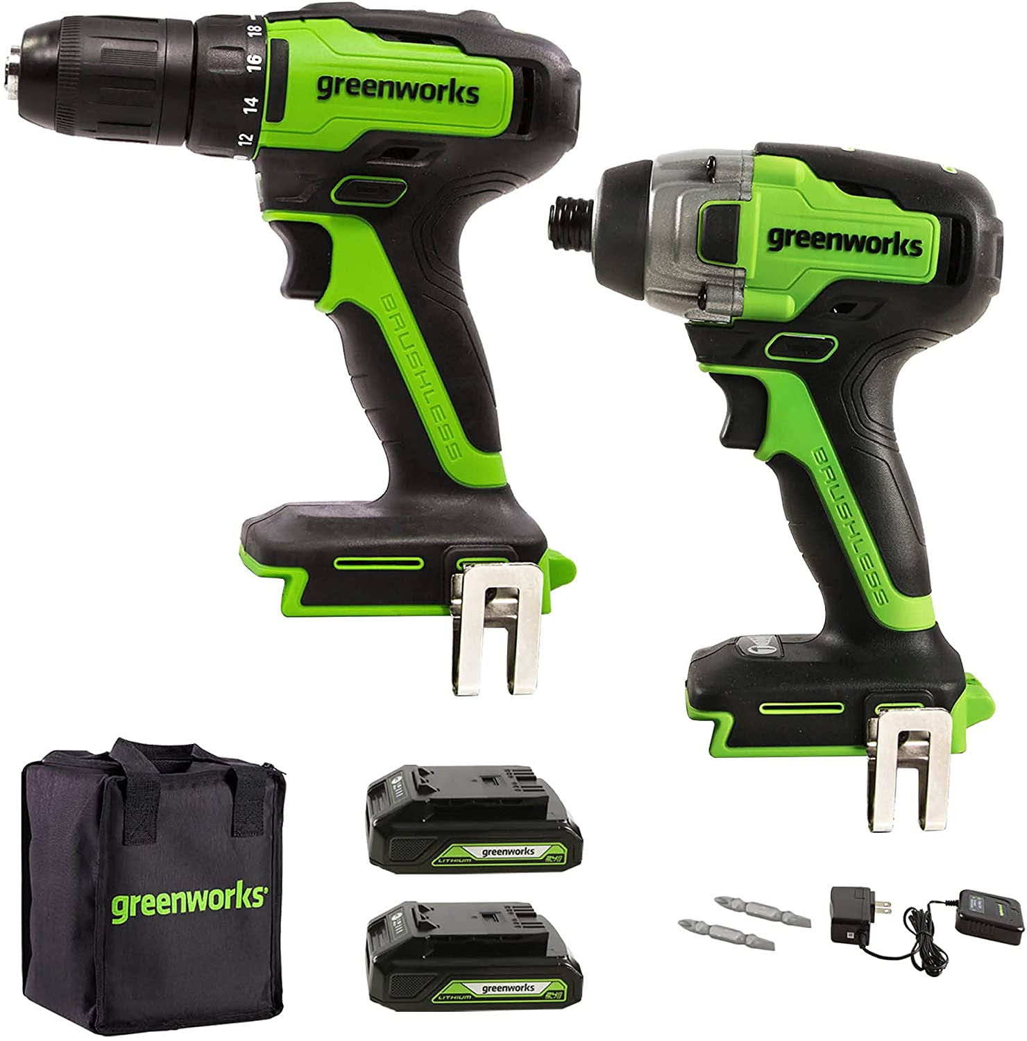 24V Brushless  Drill/Driver + Impact/Driver Combo Kit, (2) USB (Power Bank) Batteries, Charger, (2) Driving Bits,   Tool Bag, 1307502AZ