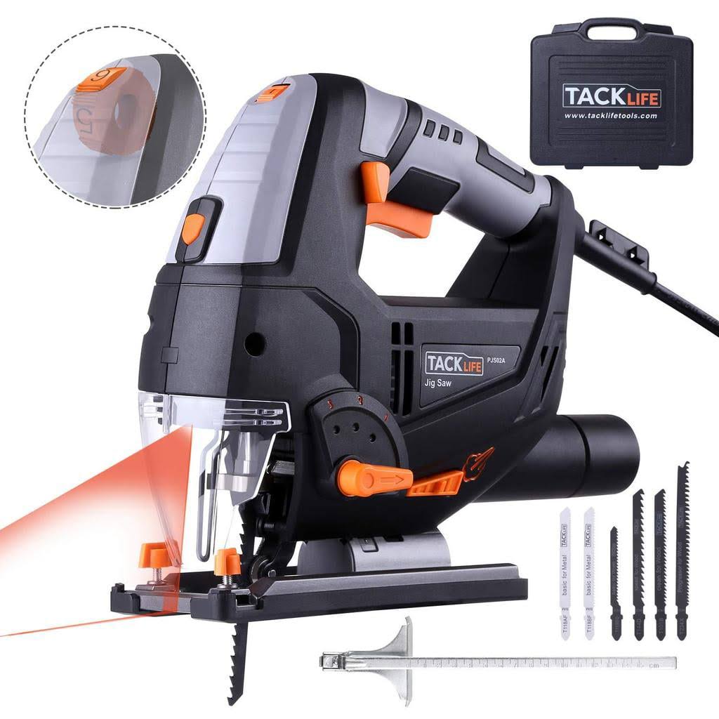Tacklife 6.7 Amp 3000 SPM Jigsaw tool with Laser   LED, 6 Variable Speed, Carrying Case, 6 Blades, 45°Bevel Cutting   Tool-free Blade Changing and 10 Feet Cord   PJS02A