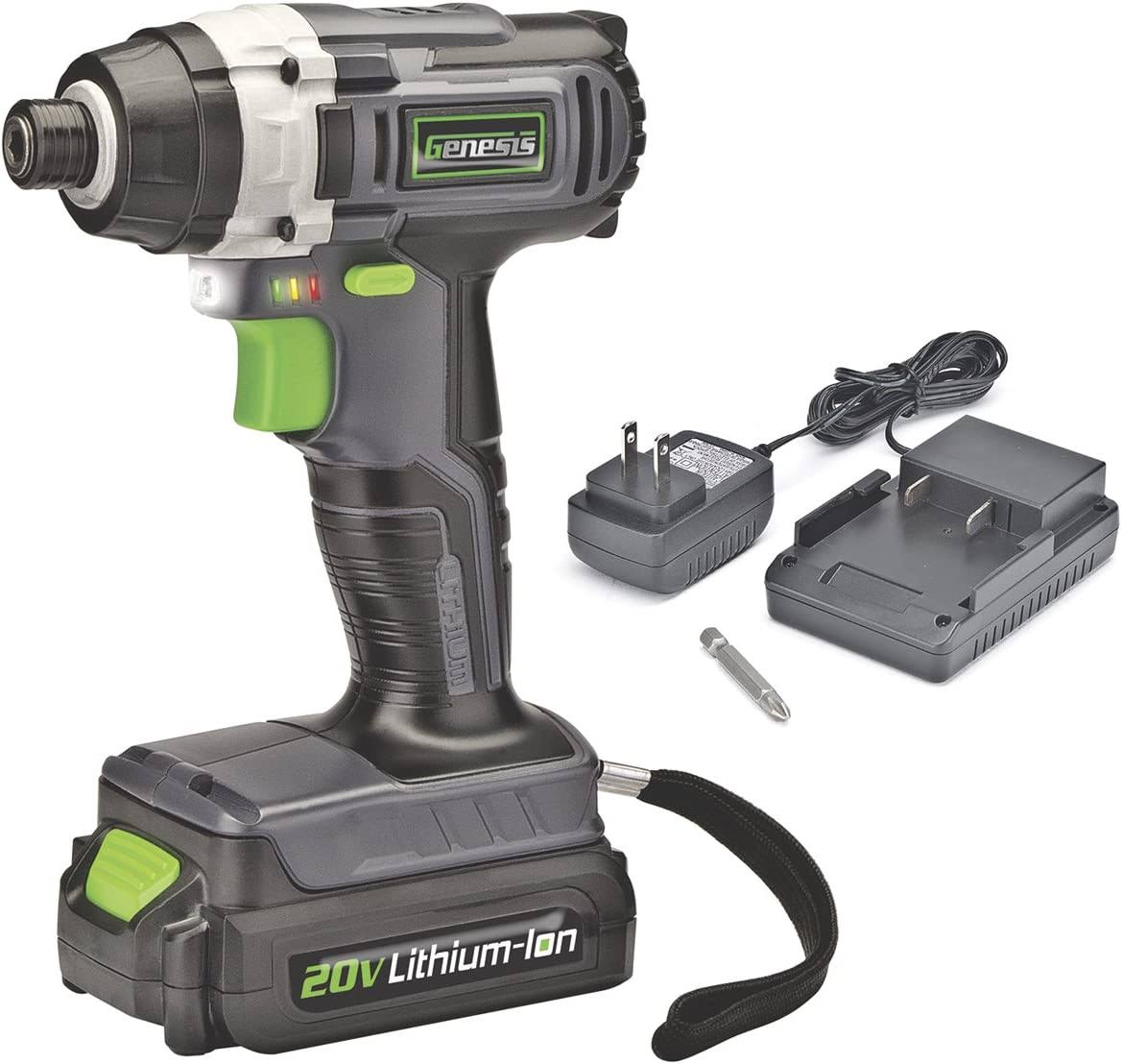 GLID20A 20 Volt Lithium-ion Battery-Powered Cordless Variable Speed Impact Driver with 1/4  Collet , Built-In LED Work Light, 20V Battery, Charger and Screwdriver Bit