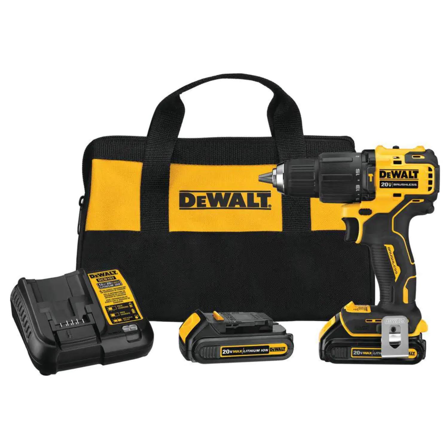 DCD709C2 ATOMIC 20V MAX Cordless Brushless Compact 1/2 in. Hammer Drill, (2) 20V 1.3Ah Batteries, Charger, and Bag