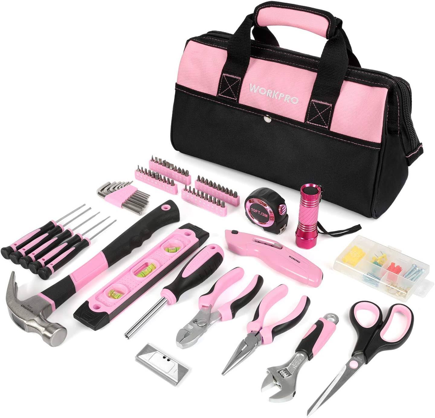 WORKPRO W009062A Pink Tool Kit, Home Repairing Tool Set with Wide Mouth Open Storage Bag, Household Tool Kit   Pink Ribbon