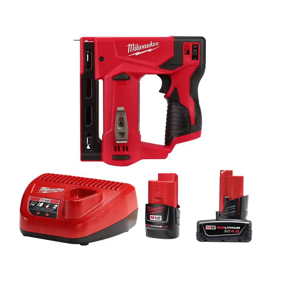 2447-20-48-59-2424 M12 12-Volt Lithium-Ion Cordless 3/8 in. Crown Stapler with One 4.0 Ah and One 2.0 Ah Battery Pack and Charger
