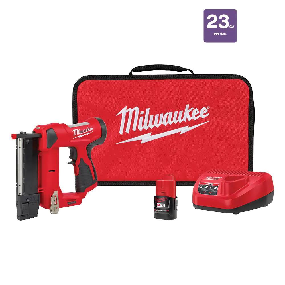 2540-21 M12 12-Volt 23-Gauge Lithium-Ion Cordless Pin Nailer Kit with 1.5 Ah Battery, Charger and Tool Bag