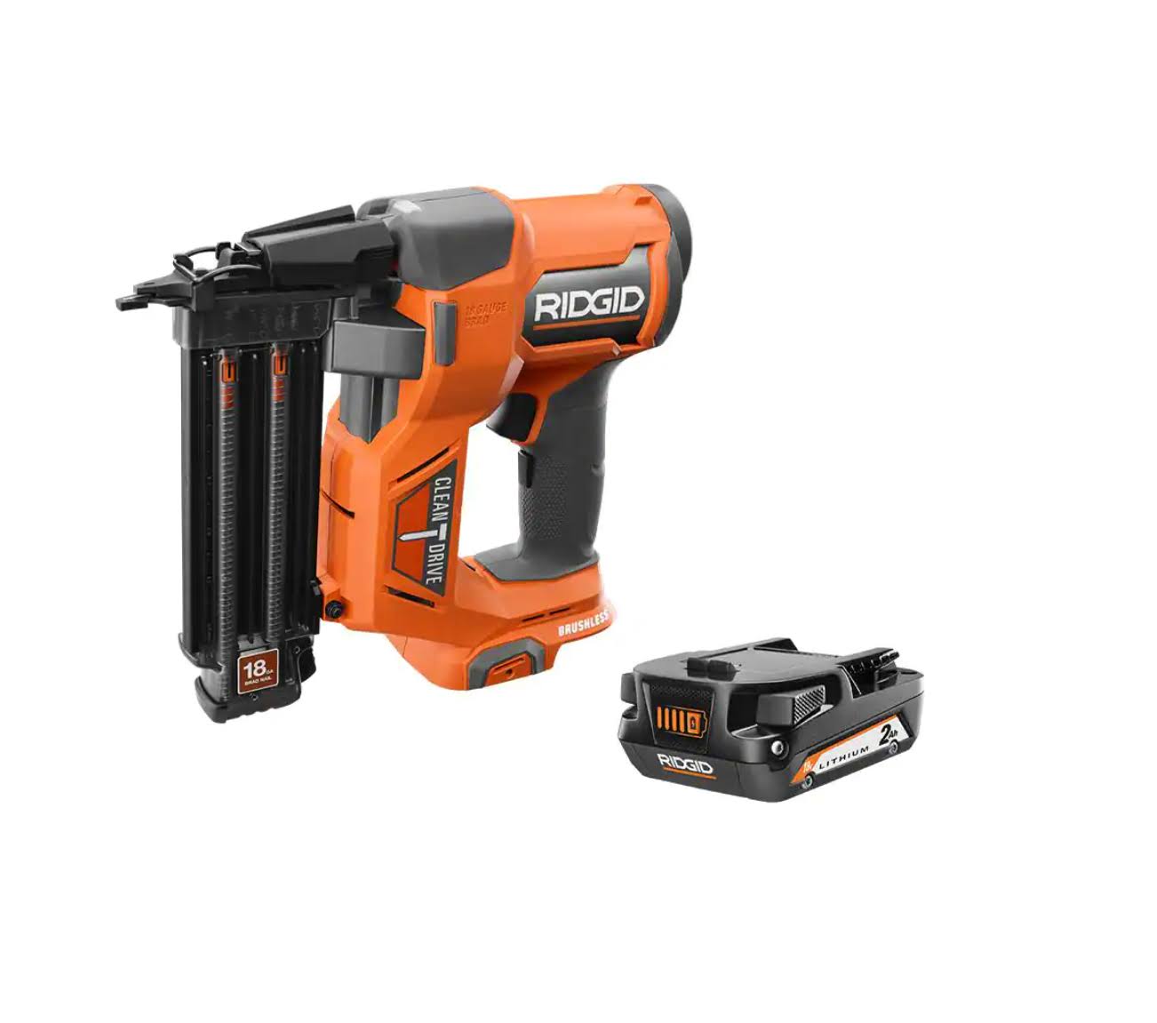 R09891B-AC8400802 18V Brushless Cordless 18-Gauge 2-1/8 in. Brad Nailer with CLEAN DRIVE Technology with 18V 2.0 Ah Lithium-Ion Battery