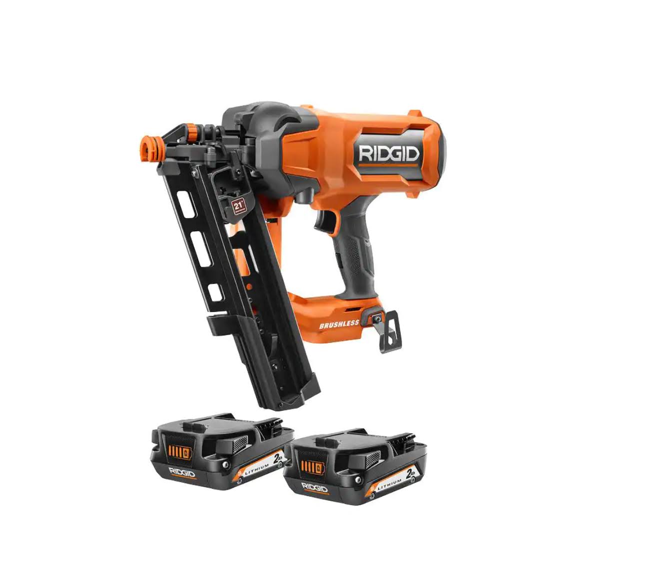 R09894B-AC8400802P 18V Lithium-Ion Brushless Cordless 21° 3-1/2 in. Framing Nailer with 18V Compact Lithium-Ion 2.0 Ah Battery 2-Pack
