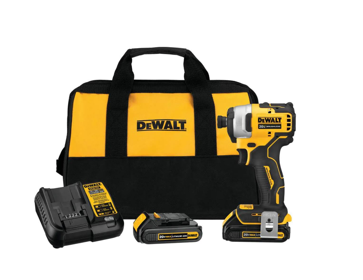 DCF809C2 ATOMIC 20-Volt MAX Cordless Brushless Compact 1/4 in. Impact Driver, (2) 20-Volt 1.3Ah Batteries, Charger   Bag
