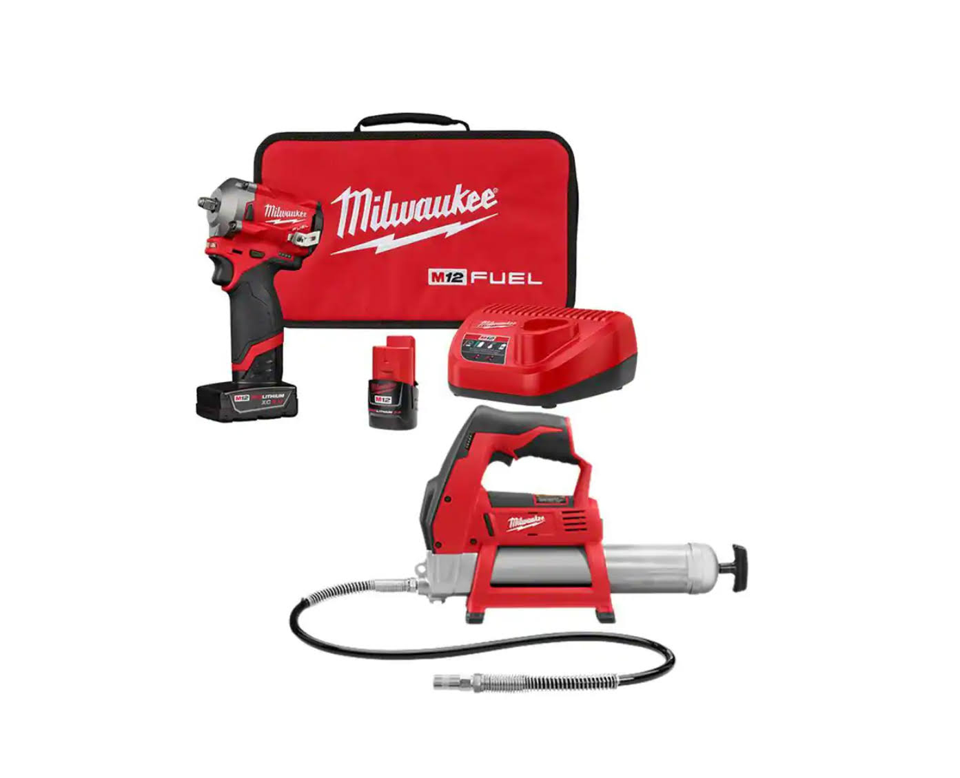 2554-22-2446-20 M12  12V Lithium-Ion Cordless  3/8 in. Impact Wrench Kit with Grease Gun, One 4.0 and One 2.0Ah Battery