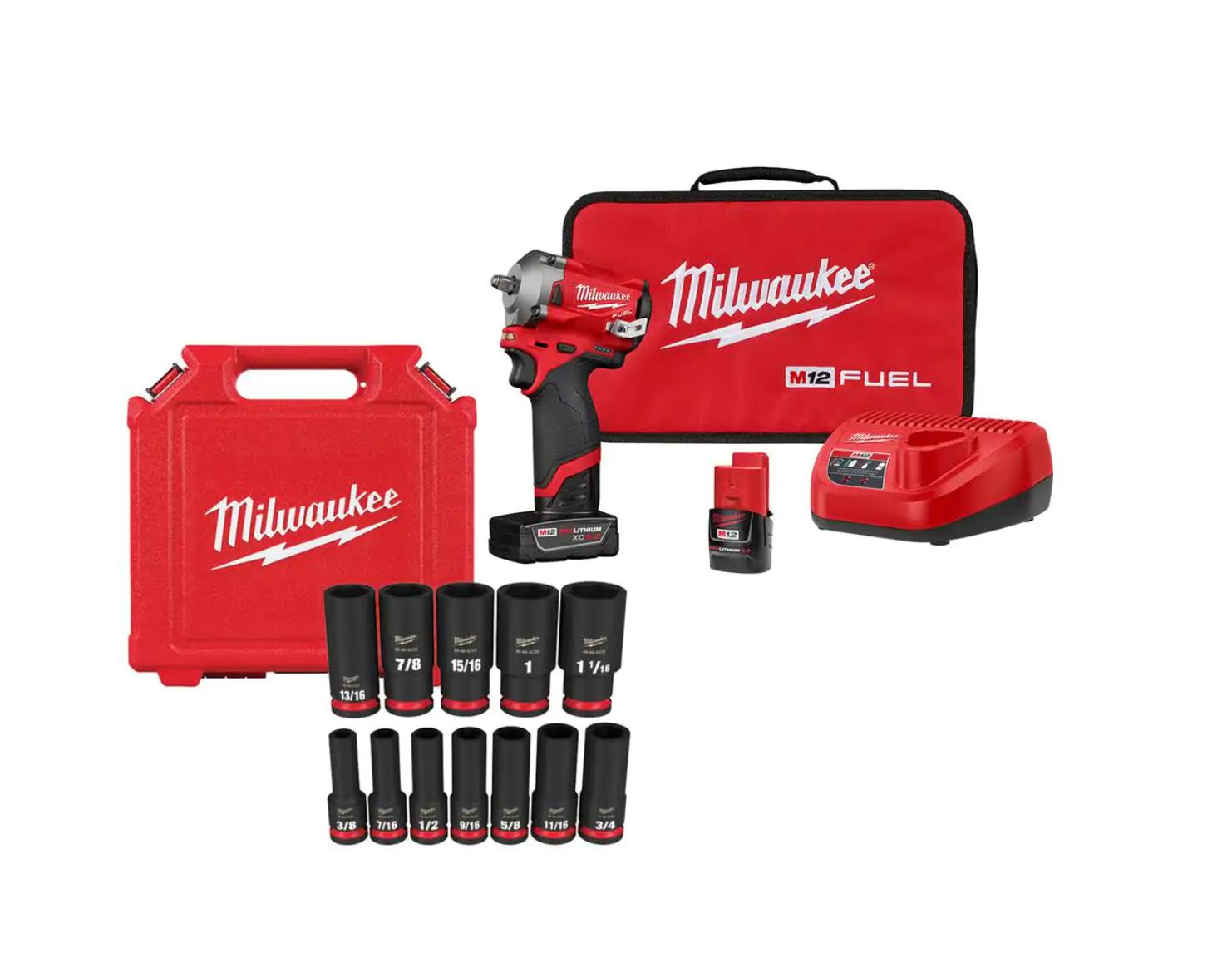 2555-22-49-66-7011 M12  12V Cordless Brushless  1/2 in. Impact Wrench Kit with 1/2 in. Drive SAE Deep Socket Set (12-Piece)