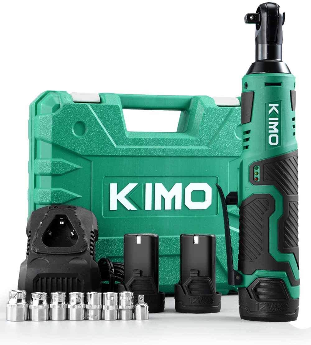KIMO 3/8  Cordless Electric Ratchet Wrench Set, 40 Ft-lbs 400 RPM 12V Cordless Ratchet Kit w/ 60-Min Fast Charge, Variable Speed Trigger, 2-Pack 2.0Ah Lithium-Ion Batteries, 8 Sockets