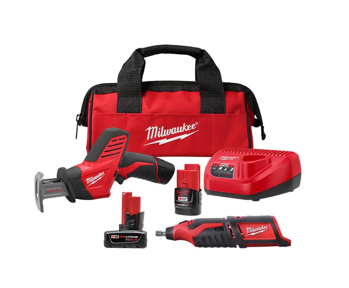 2420-21-2460-20-48-11-2460 M12 12V Lithium-Ion  Cordless Reciprocating Saw Kit with M12 Rotary Tool and 6.0 Ah XC Battery Pack