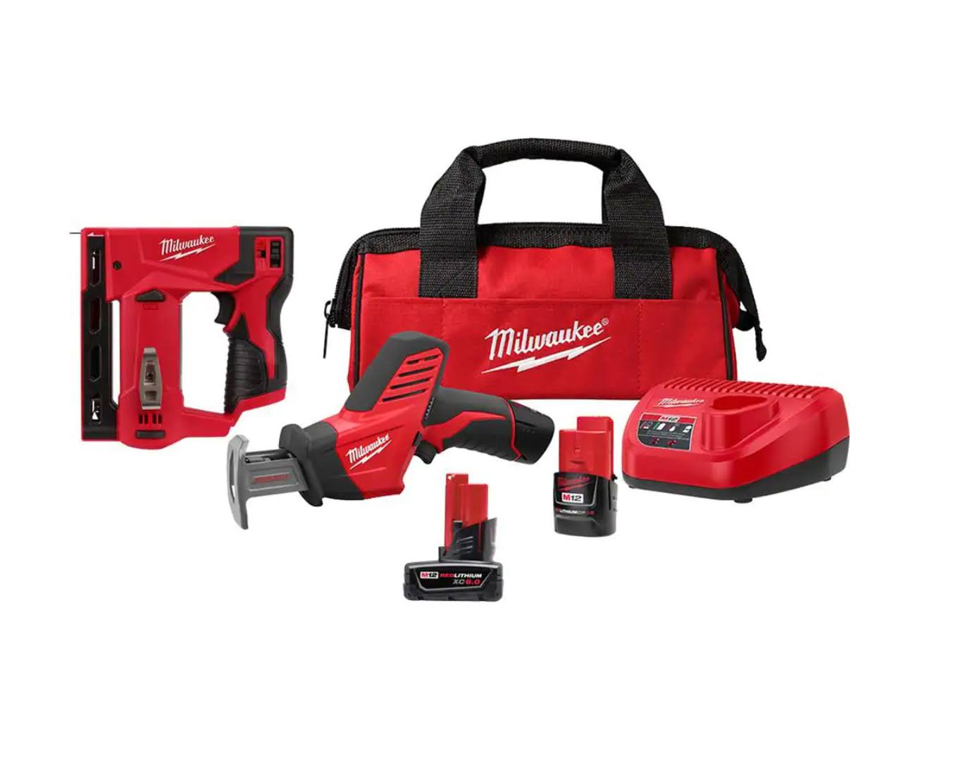 2420-21-2447-20-48-11-2460 M12 12V Lithium-Ion  Cordless Reciprocating Saw Kit with M12 3/8 in. Crown Stapler and 6.0Ah XC Battery Pack
