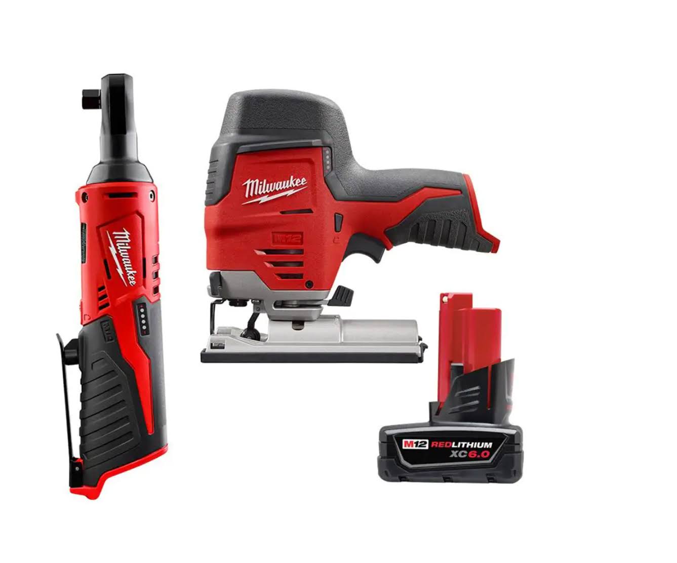 2445-20-2457-20-48-11-2460 M12 12V Lithium-Ion Cordless Jig Saw with M12 3/8 in. Ratchet and 6.0 Ah XC Battery Pack