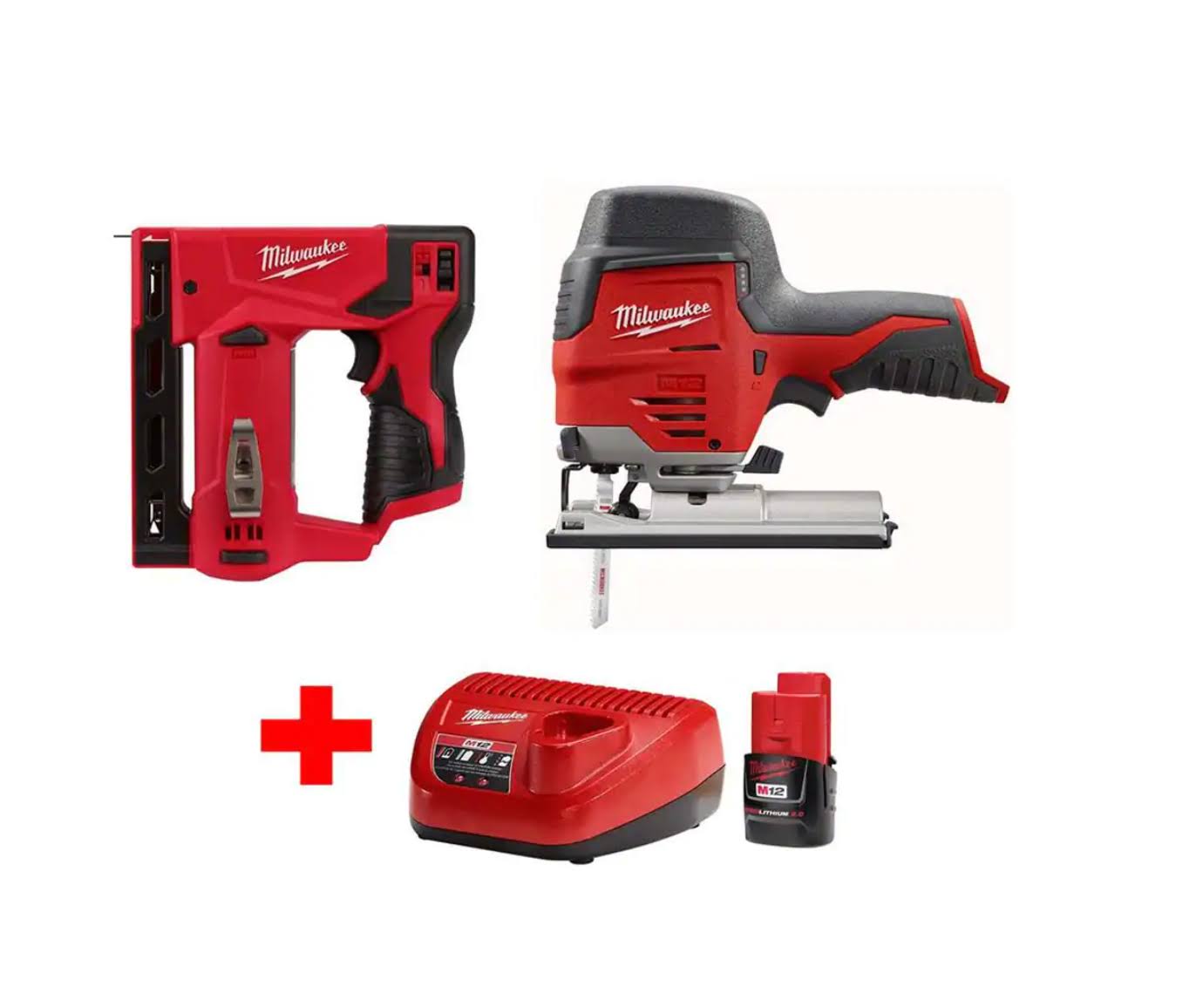 2445-20-2447-20-48-59-2420 M12 12V Lithium-Ion Cordless Jig Saw and 3/8 in. Crown Stapler Combo Kit W/ (1) 2.0Ah Battery and Charger