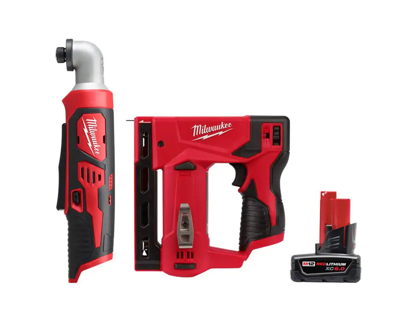 2467-20-2447-20-48-11-2460 M12 12V Li-Ion Cordless 1/4 in. Right Angle Hex Impact Driver w/M12 3/8 in. Crown Stapler and 6.0Ah XC Battery Pack