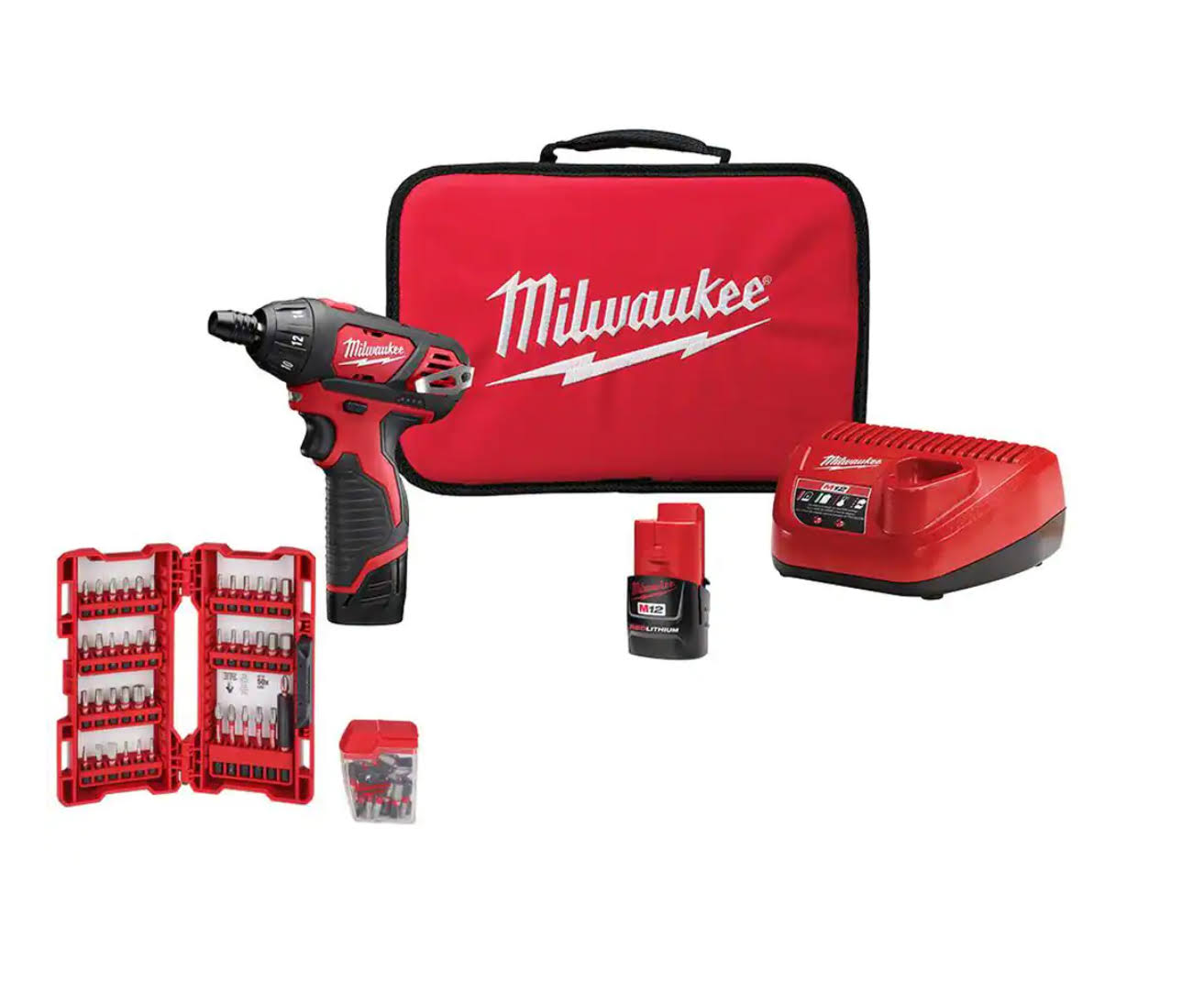 2401-22-48-32-4497 M12 12-Volt Lithium-Ion Cordless 1/4 in. Hex Screwdriver Kit with  Alloy Steel Screwdriver Bit Set (72-Piece)