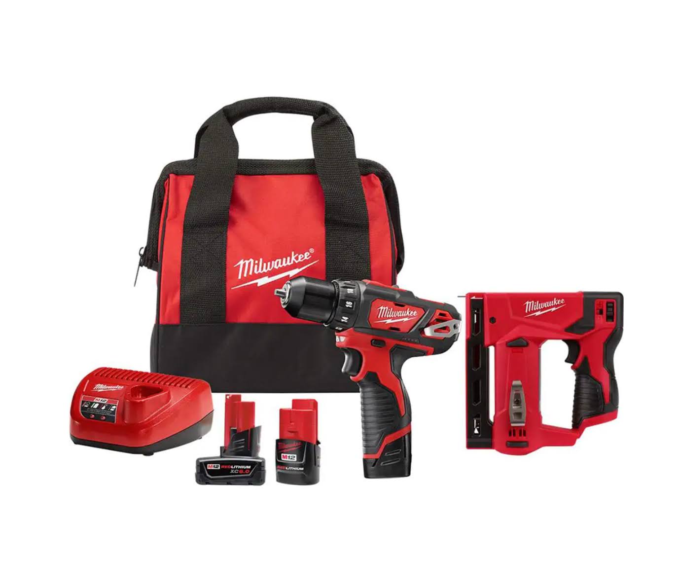 2407-22-2447-20-48-11-2460 M12 12V Lithium-Ion Cordless 3/8 in. Drill/Driver Kit with M12 3/8 in. Crown Stapler and 6.0 Ah XC Battery Pack