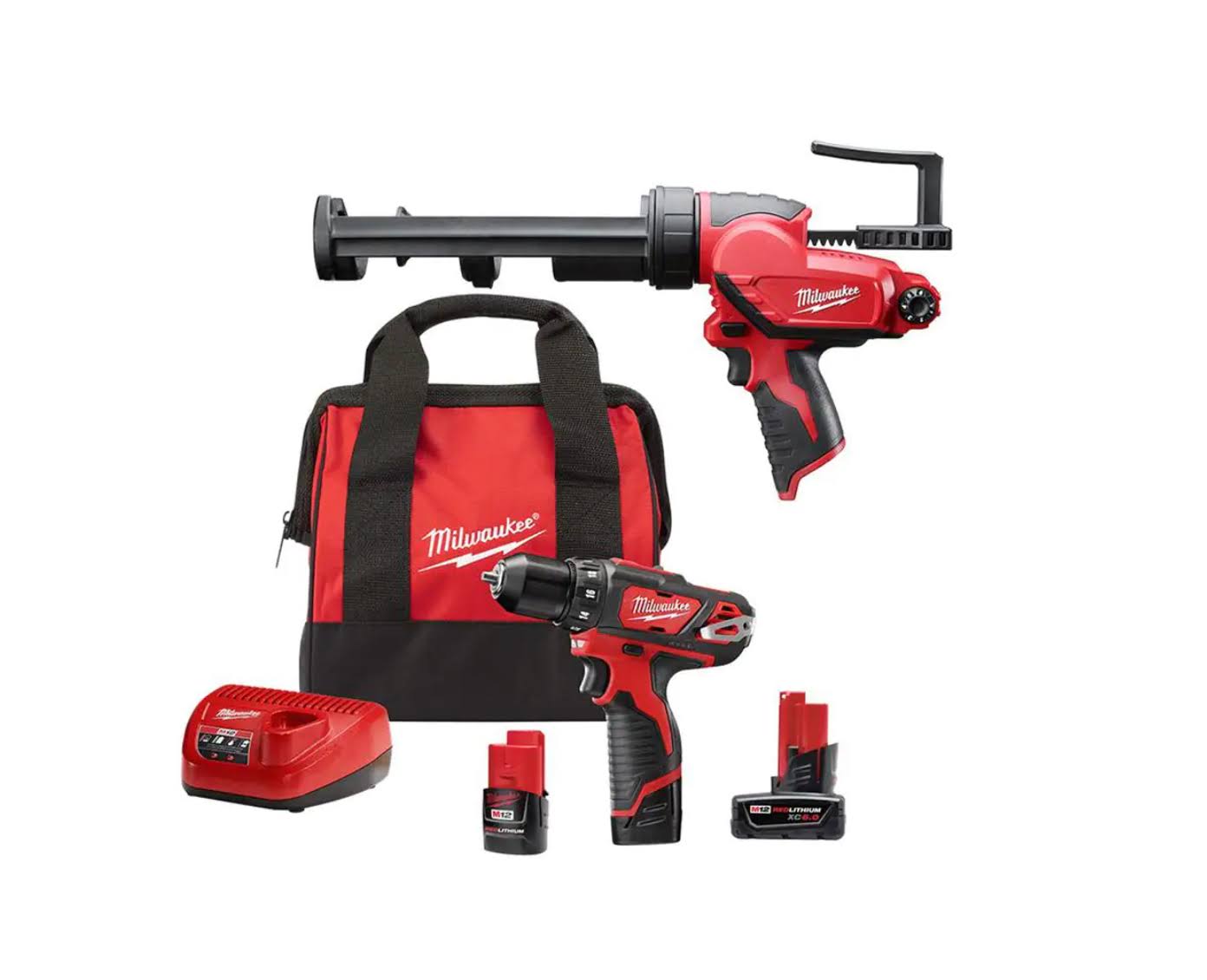 2407-22-2441-20-48-11-2460 M12 12V Lithium-Ion Cordless 3/8 in. Drill/Driver Kit with M12 10 oz. Caulk   Adhesive Gun   6.0 Ah XC Battery Pack
