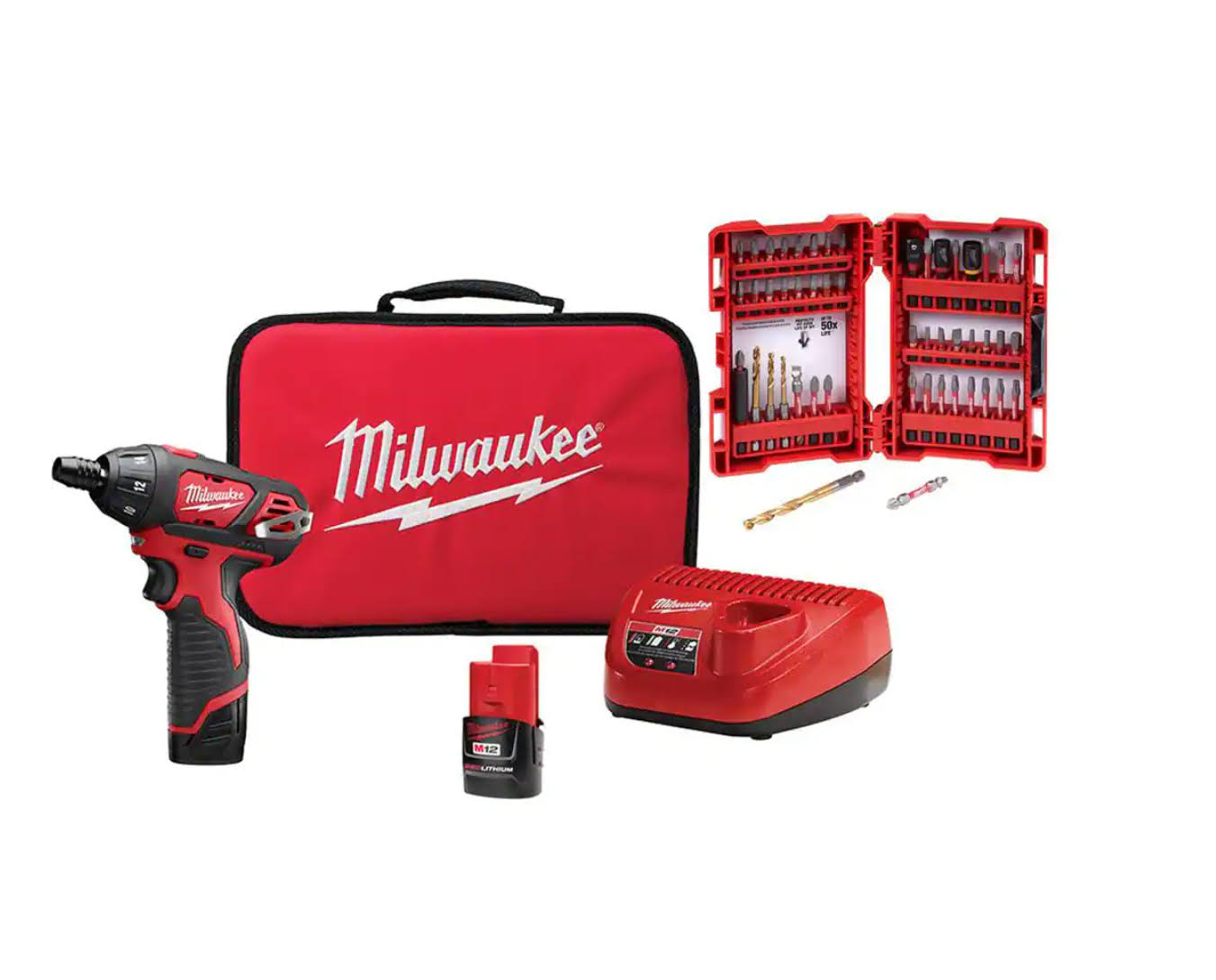 2401-22-48-32-4024 M12 12-Volt Lithium-Ion Cordless 1/4 in. Hex Screwdriver Kit w/  Impact Duty Driver Alloy Steel Bit Set (50-Pc)