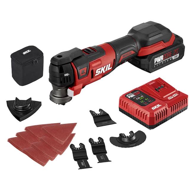 OS5937-10  20 Brushless 20V Oscillating Multi-Tool Kit with 35pcs Sanding Paper, 3 Blades, Sanding Pad, Rigid Scraper, Accessory Case, Includes 2.0Ah Lithium Battery   PWRJump Charger