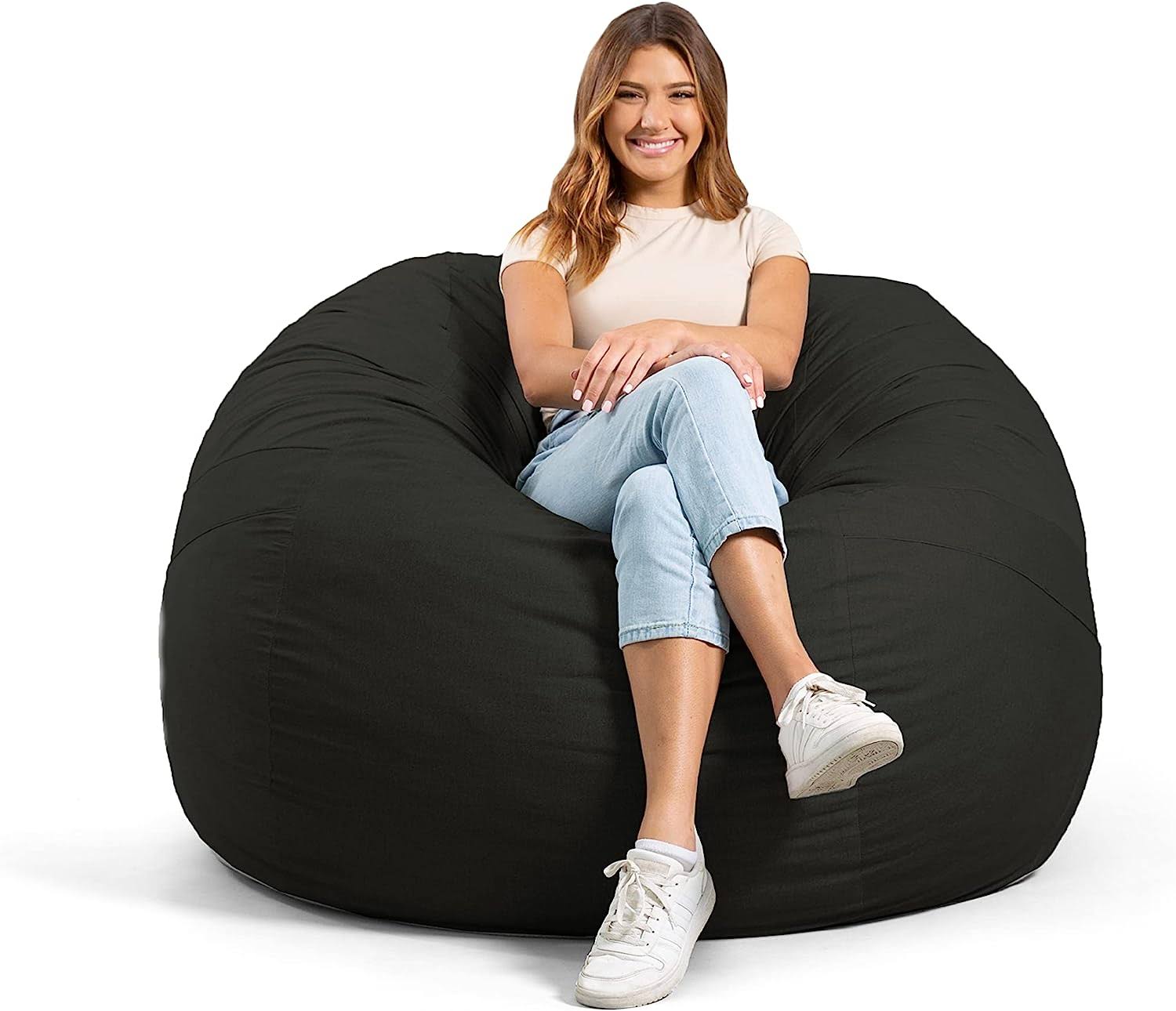 Fuf Large Foam Filled Bean Bag Chair with Removable Cover, Black , Durable Woven Polyester, 4 feet Big